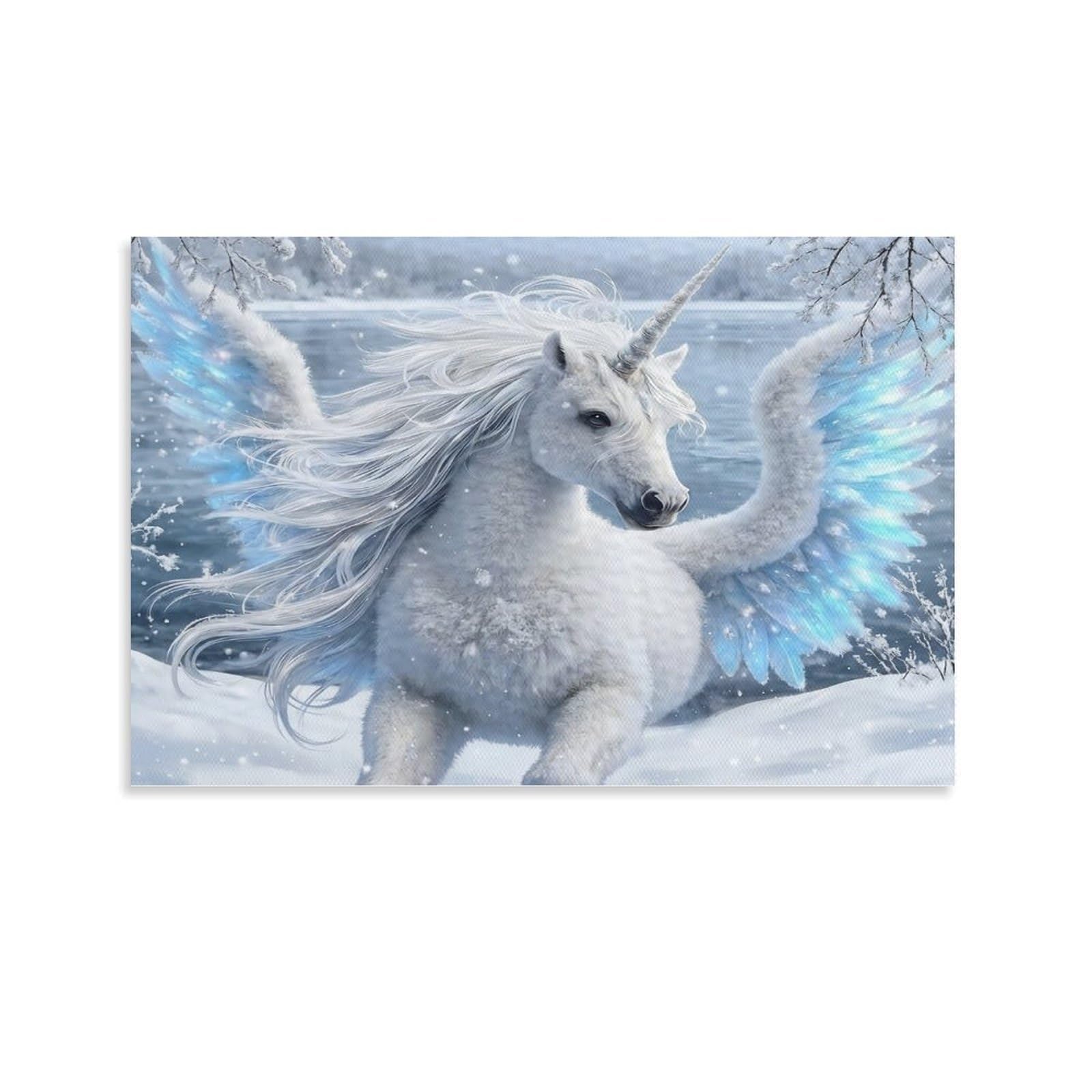 CPLVKWRQJ Snowy Unicorn Winged 1 Piece Winged White Unicorn Snowy Frosty Forest Canvas Wall Hanging - Nursery Space Saving Removable Ready to Hang Wall Decor 24x36inch(60x90cm)