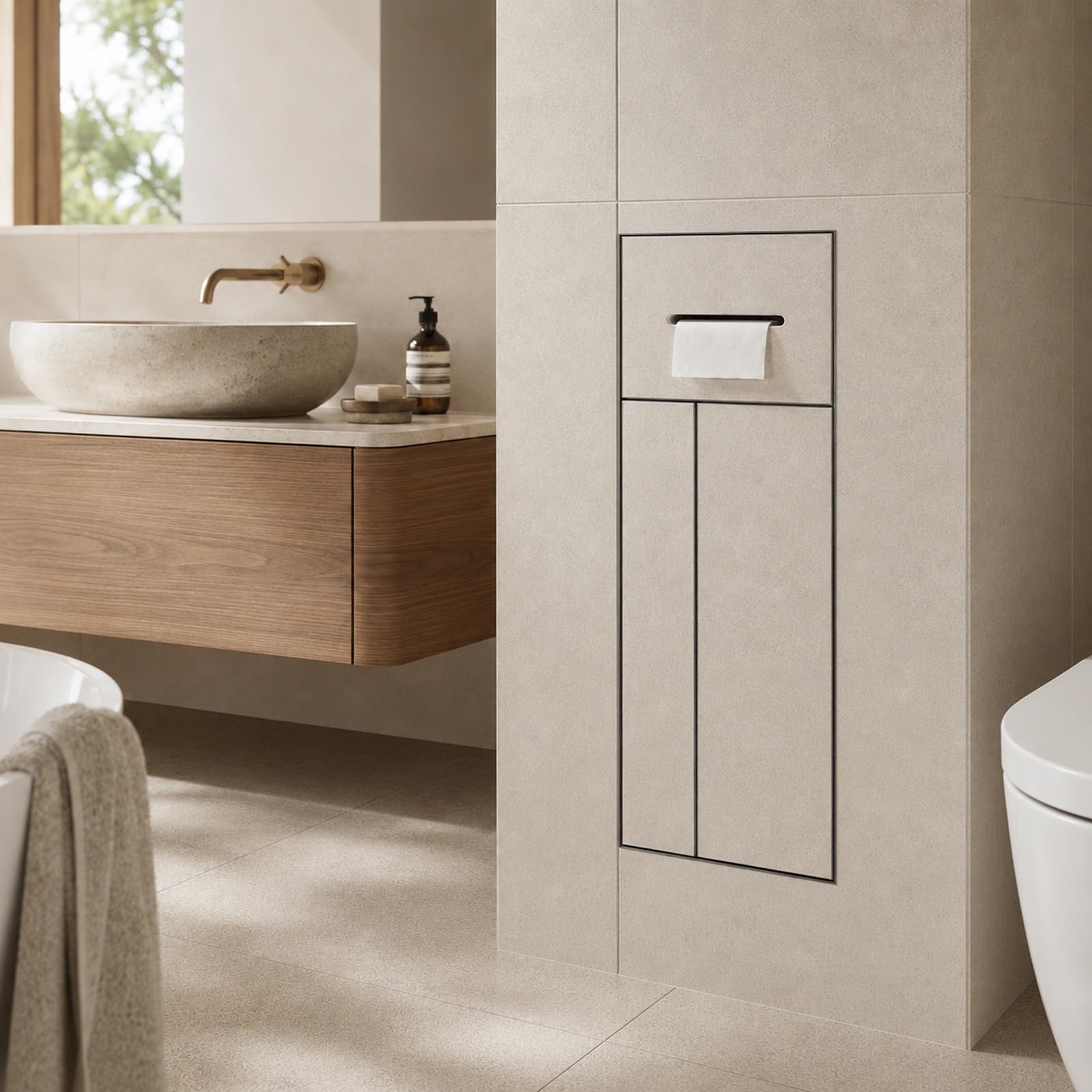 Recessed Toilet Paper Holder, Stainless Steel In-Wall Bathroom Cabinet With Toilet Roll Holder And Open Shelf, Hidden Waste Bin For Bathroom Kitchen Office