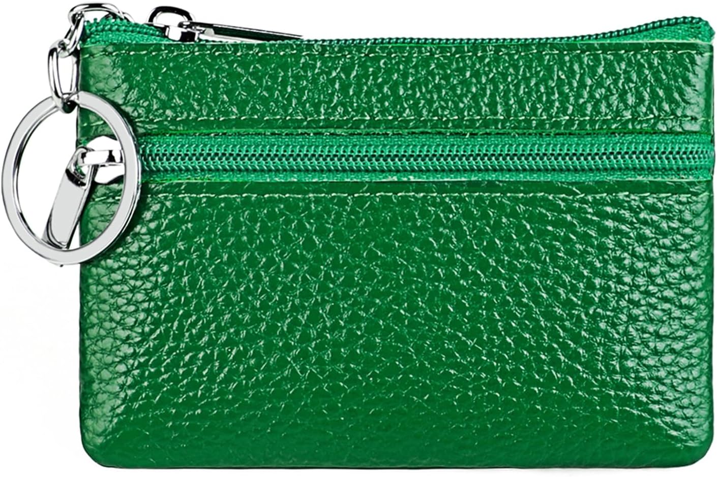 Women's Genuine Leather Small Coin Pouch Purse with Keychain, Mini Change Bag Wallet Card Holder Case (Bright Green)