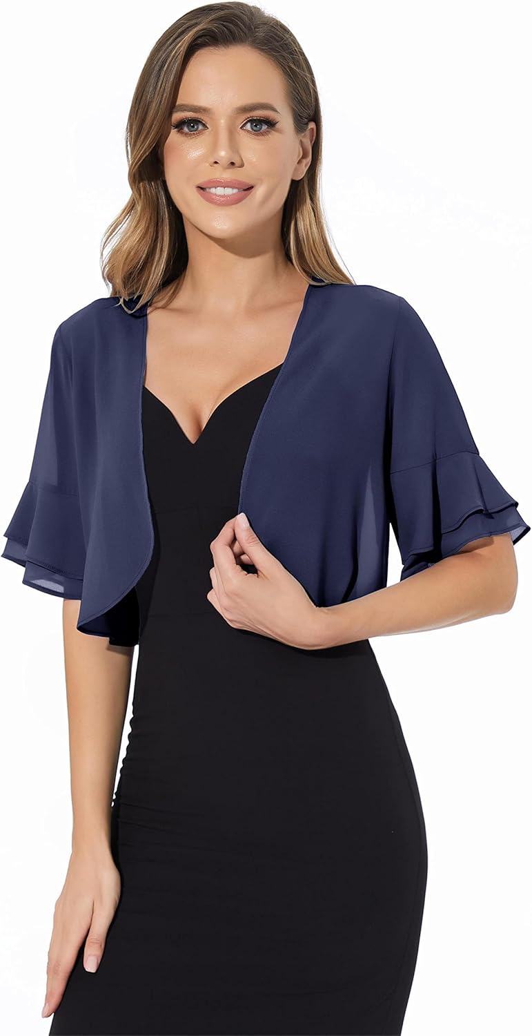 Women Shrug Soft Chiffon Open Front Sheer 3/4 Sleeve Bolero Cardigan for Evening Dress - Image 5