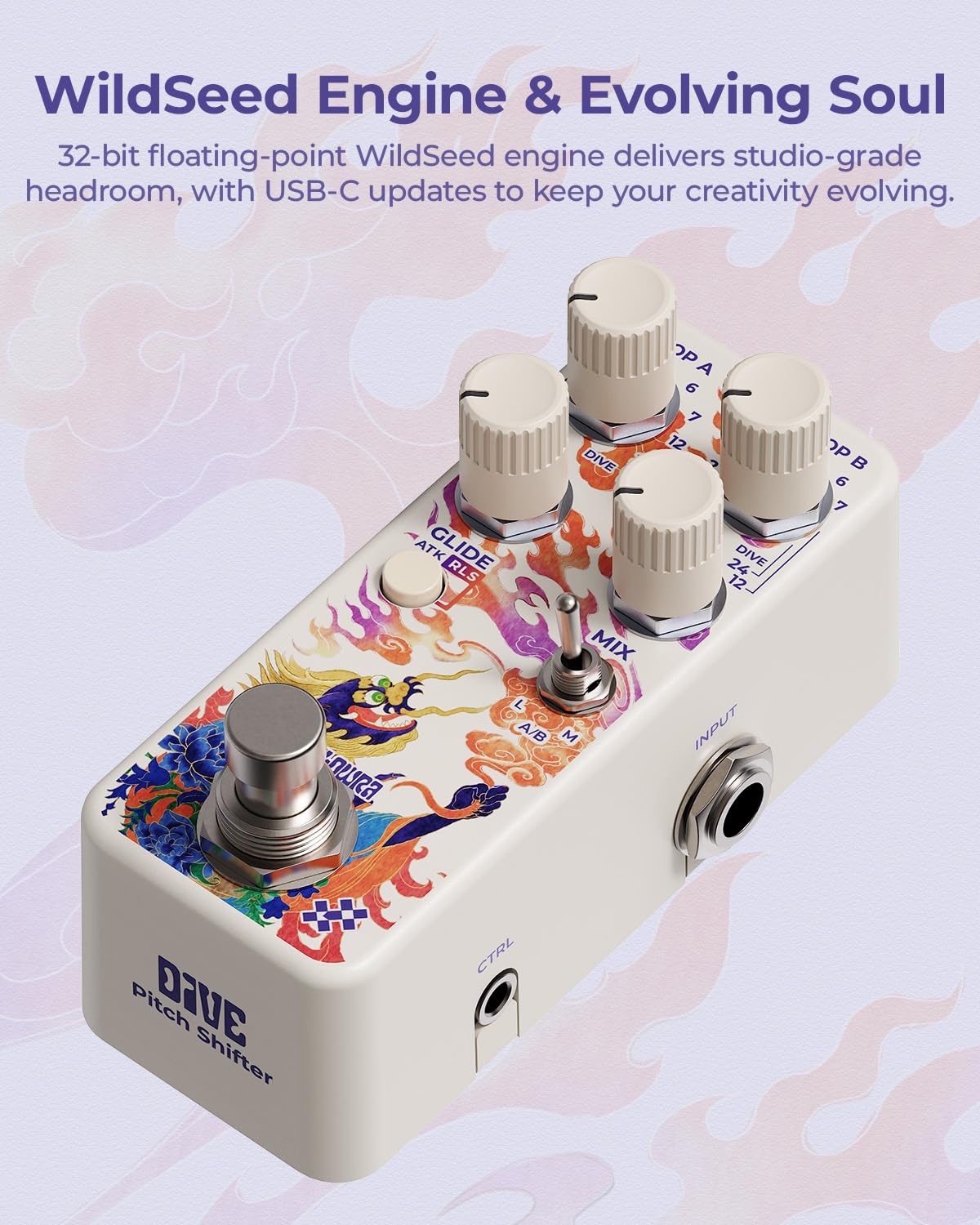 Dive Pitch Shifter – polifoniczny efektów gitarowych z niskim opóźnieniem 8 ms, podwójnymi kanałami Preset, wirtualnym paskiem Whammy Bar Glide Engine, trybami Tight i Sub Sound do