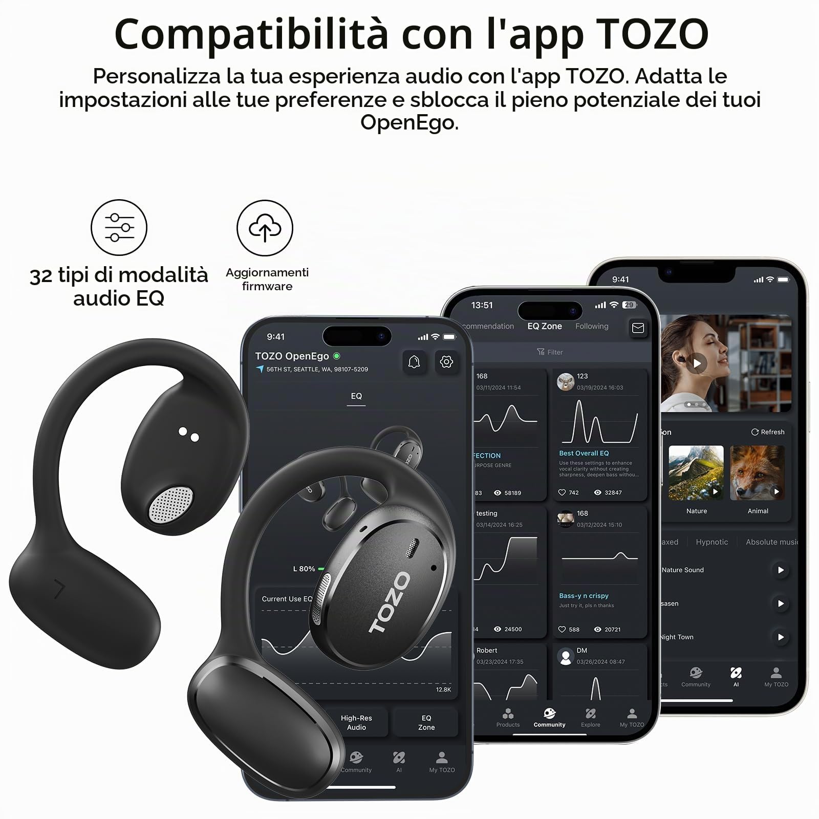 TOZO OpenEgo Cuffie Bluetooth 5.3 com ORIGX Acustica Ultraleggero | Auricolari Open Ear, 16.2mm Controllore, ENC Chiamata, EQ Regolazione, Comfort Garantito per Corsa, Viaggi e Ufficio
