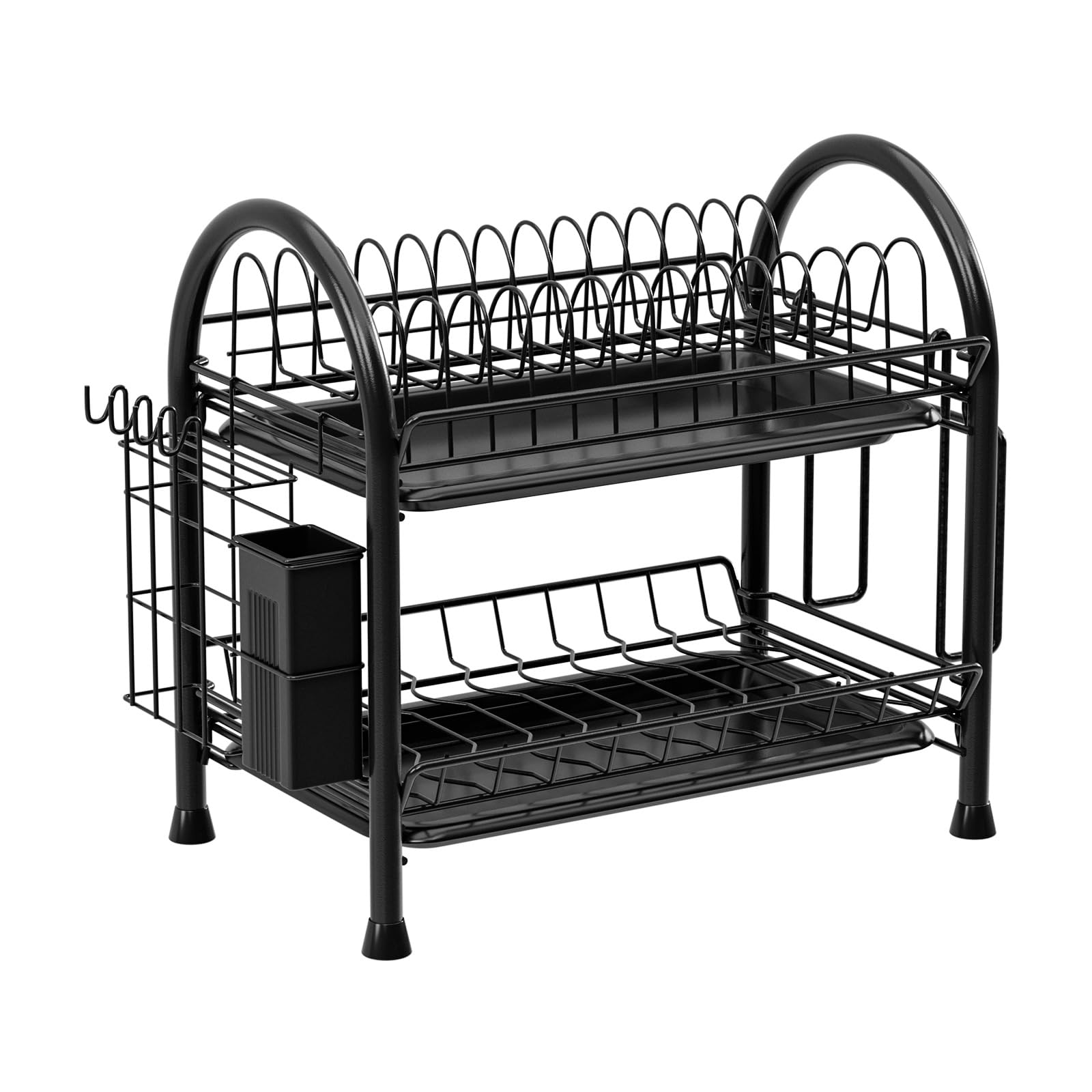 TBATM 2 Tier Dish Drying Rack with 2 Detachable Drain Trays, Metal Dish Rack with Utensil Holder and utting Board for Kitchen Countertop