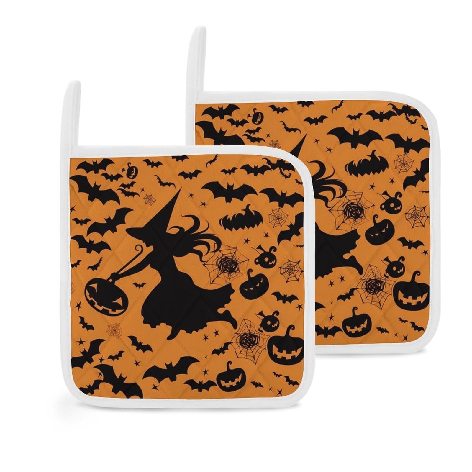 Btcowzrv Style Halloween Witch Flying 2 Pack Pot Holders For Kitchen, Heat Resistant Potholder Set With Hanging Loops, Hot Pads For Oven Baking Cooking