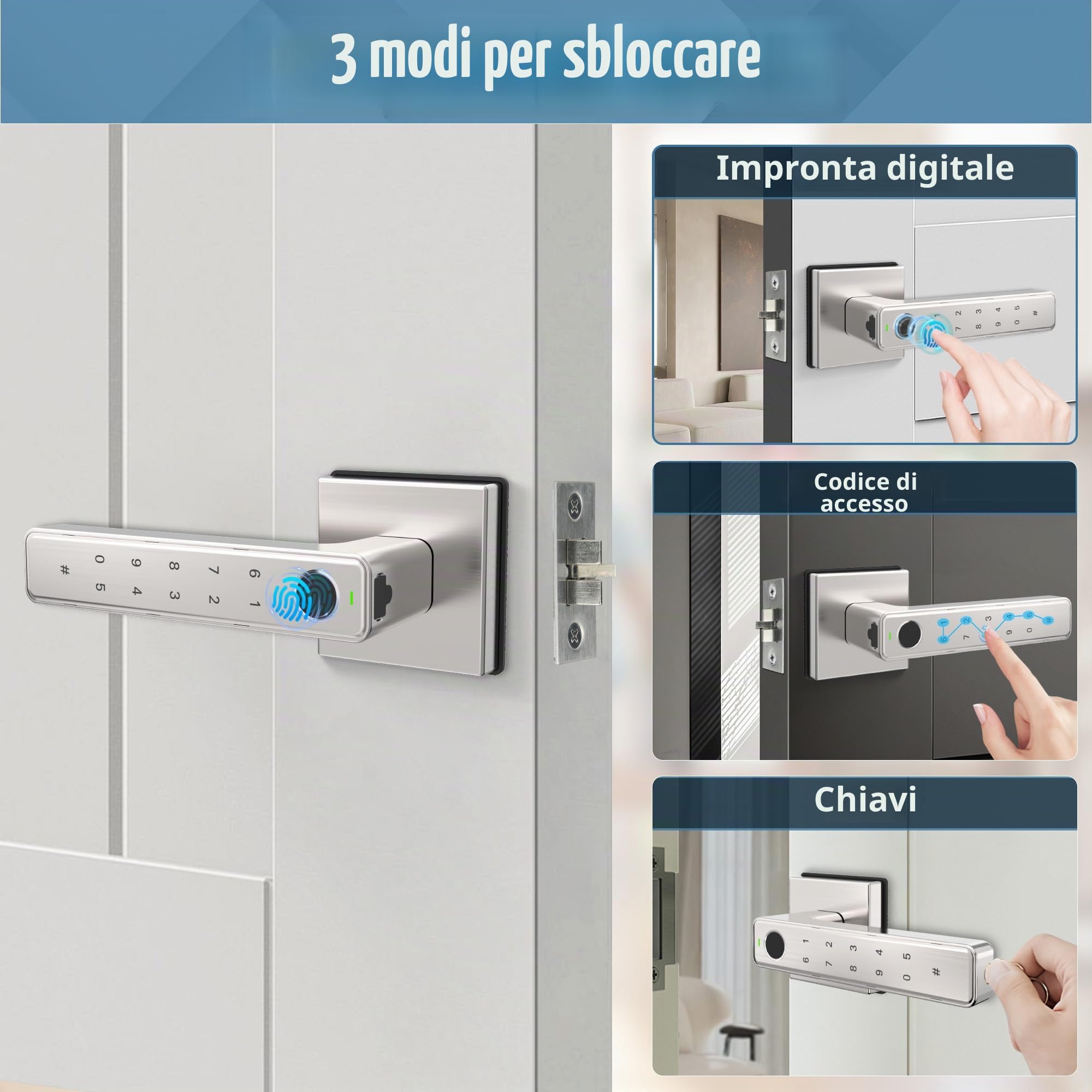 Serratura per porta con impronte digitali, serrature biometriche con maniglia e chiave meccanica*2, ingresso senza chiavi con touch digitale per casa, camera da letto, hotel, ufficio, argento