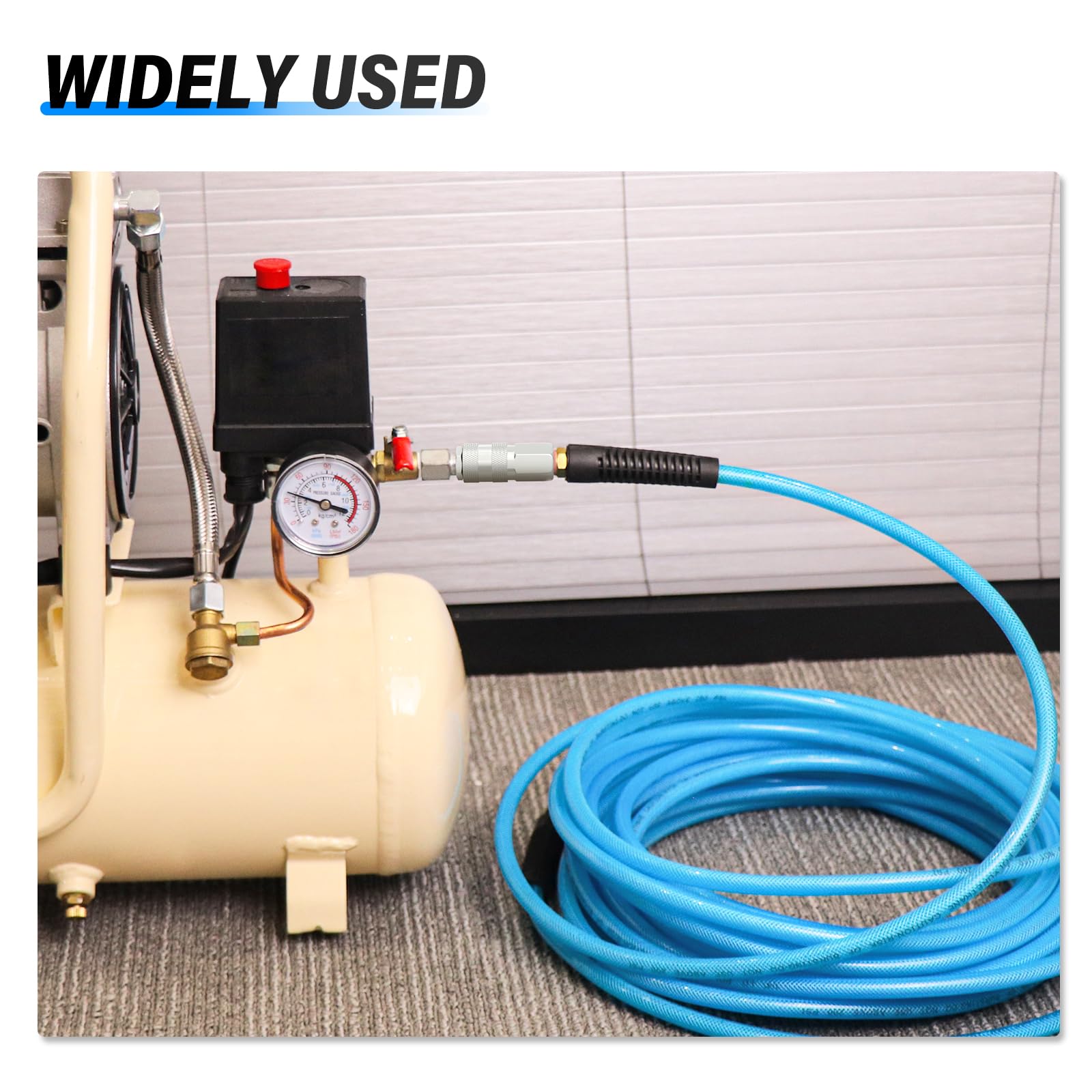 TAILONZ PNEUMATIC Tuyau d'air en polyuréthane 1/4" x 15M, Pression de service maximale 1.5 MPA, composé de laiton et de tuyau bleu en polyuréthane, facile à installer.
