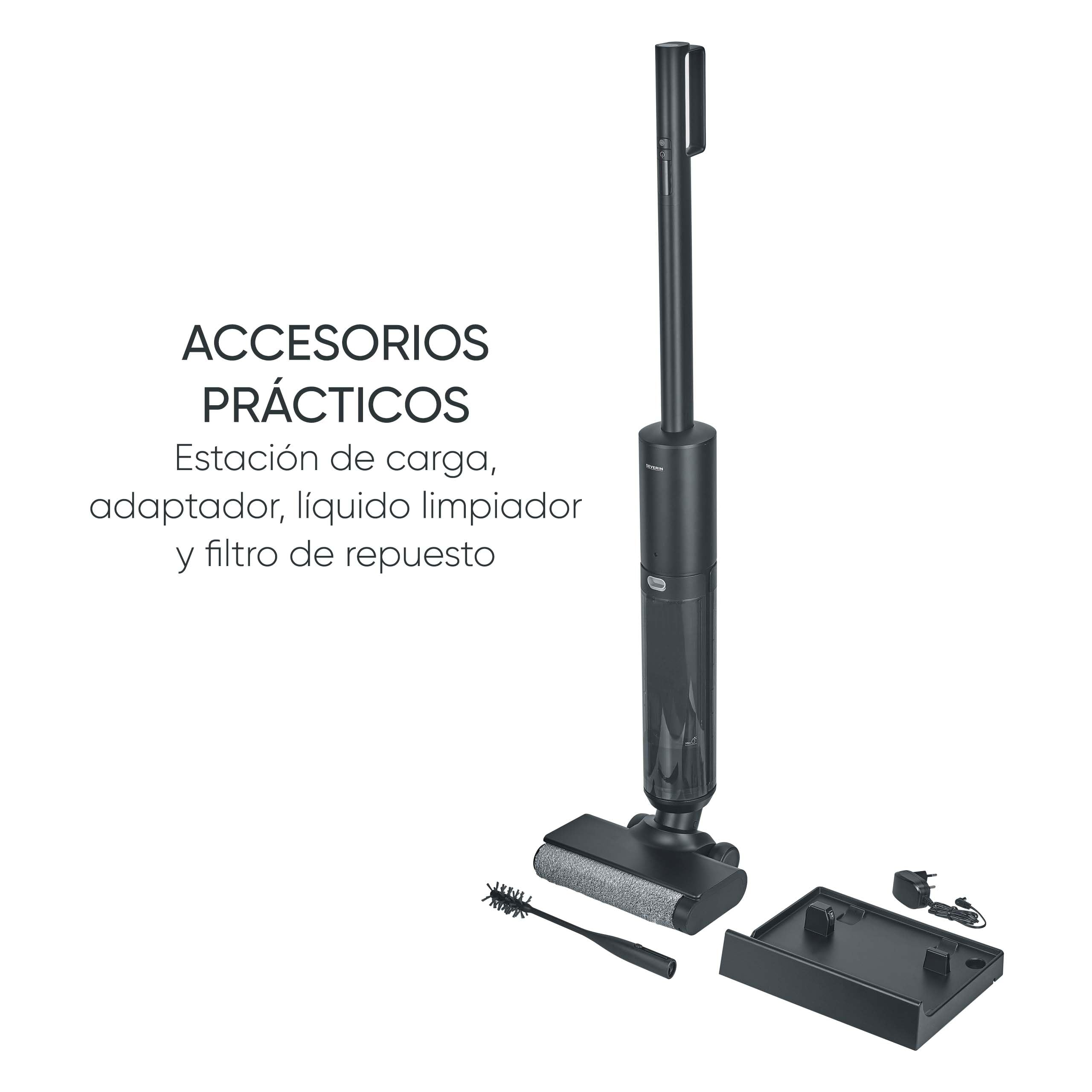 SEVERIN - Friegasuelos eléctrico sin Cable, Cepillo de Rodillo autolimpiable, batería de Iones de Litio de 22,2 V, Pantalla LED, Sistema higiénico de Dos depósitos, 150 W, Antracita, SC 7177