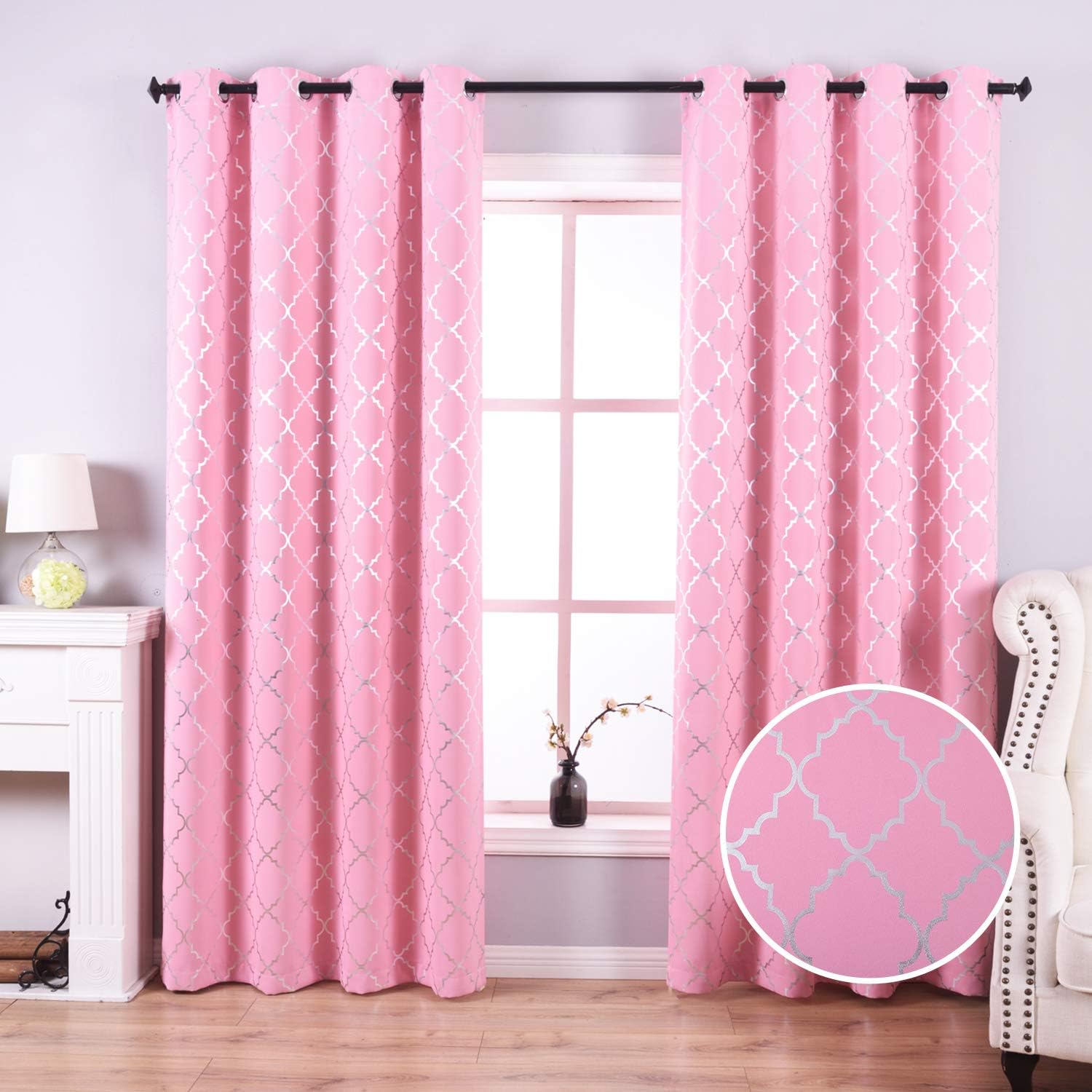 Anjee Pink Blackout Curtains for Girls Room with Moroccan Pattern