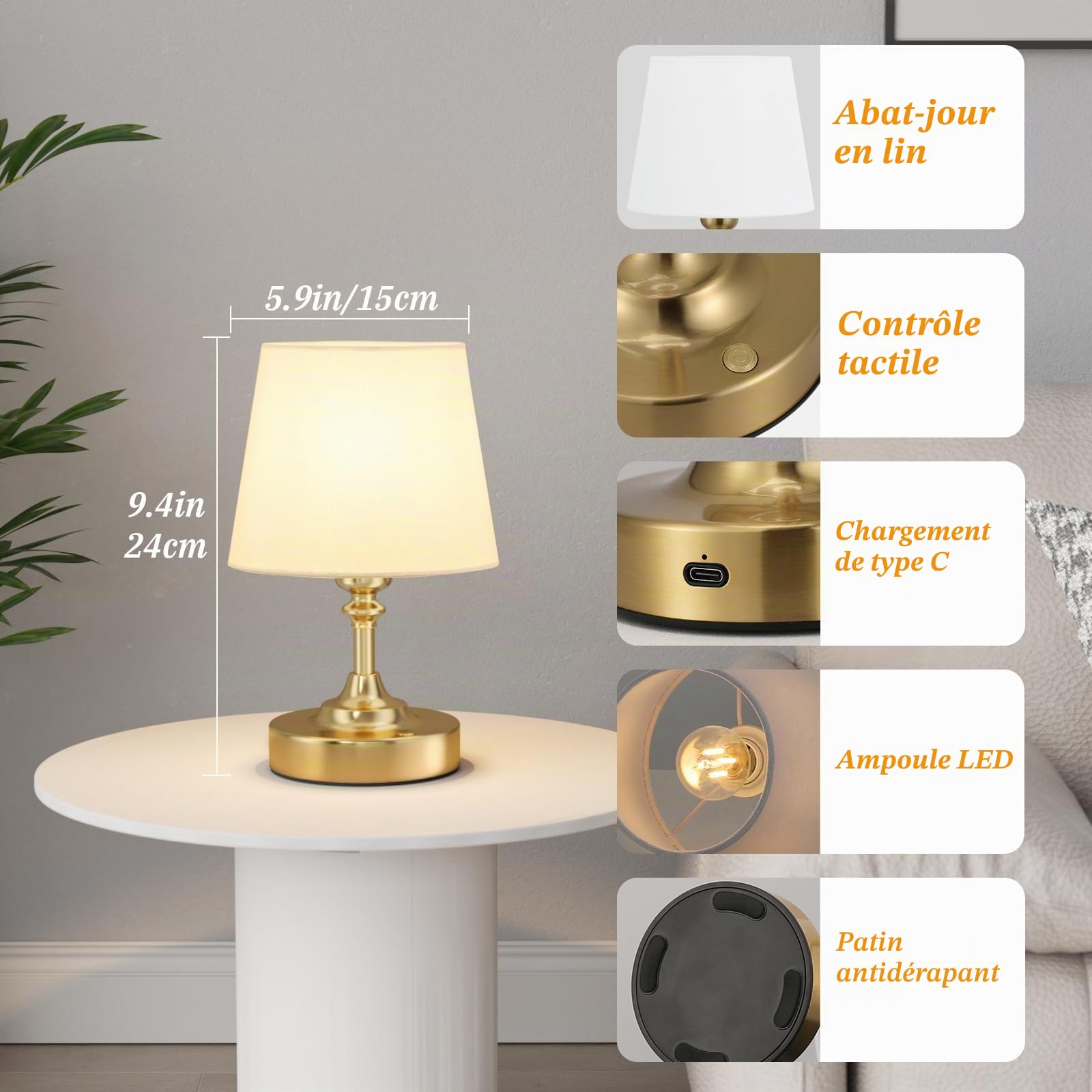 Petite Lampe de Chevet Tactile, LED Lampe de Table Sans Fil Batterie Rechargeable, Variateur Continu, Abat-jour en Lin Blanc, pour Chambre à Coucher Salon Cuisine Décoration(Laiton)