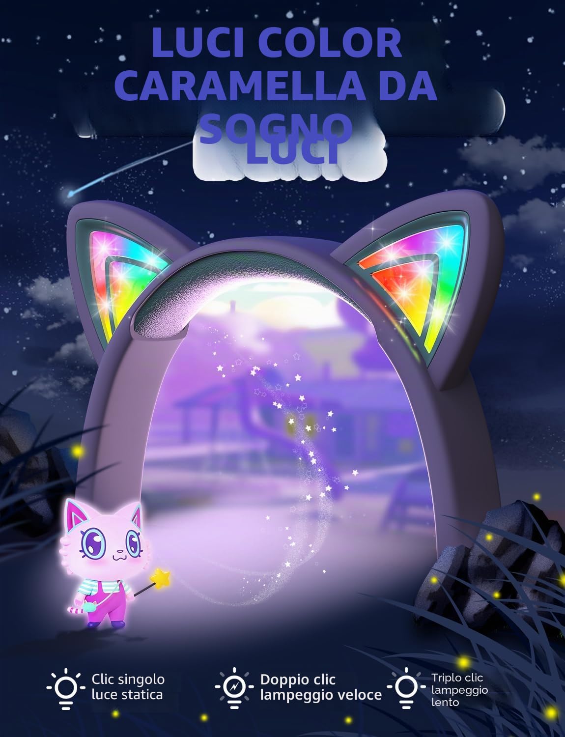 iClever Cuffie per Bambini, Orecchie da Gatt Illuminazione a LED, Volume Sicuro di 85dBA, Cuffie Bambina dal Suono Stereo, Pieghevoli con Cavo da 3.5 mm per iPad Tablet Viaggi Scuola