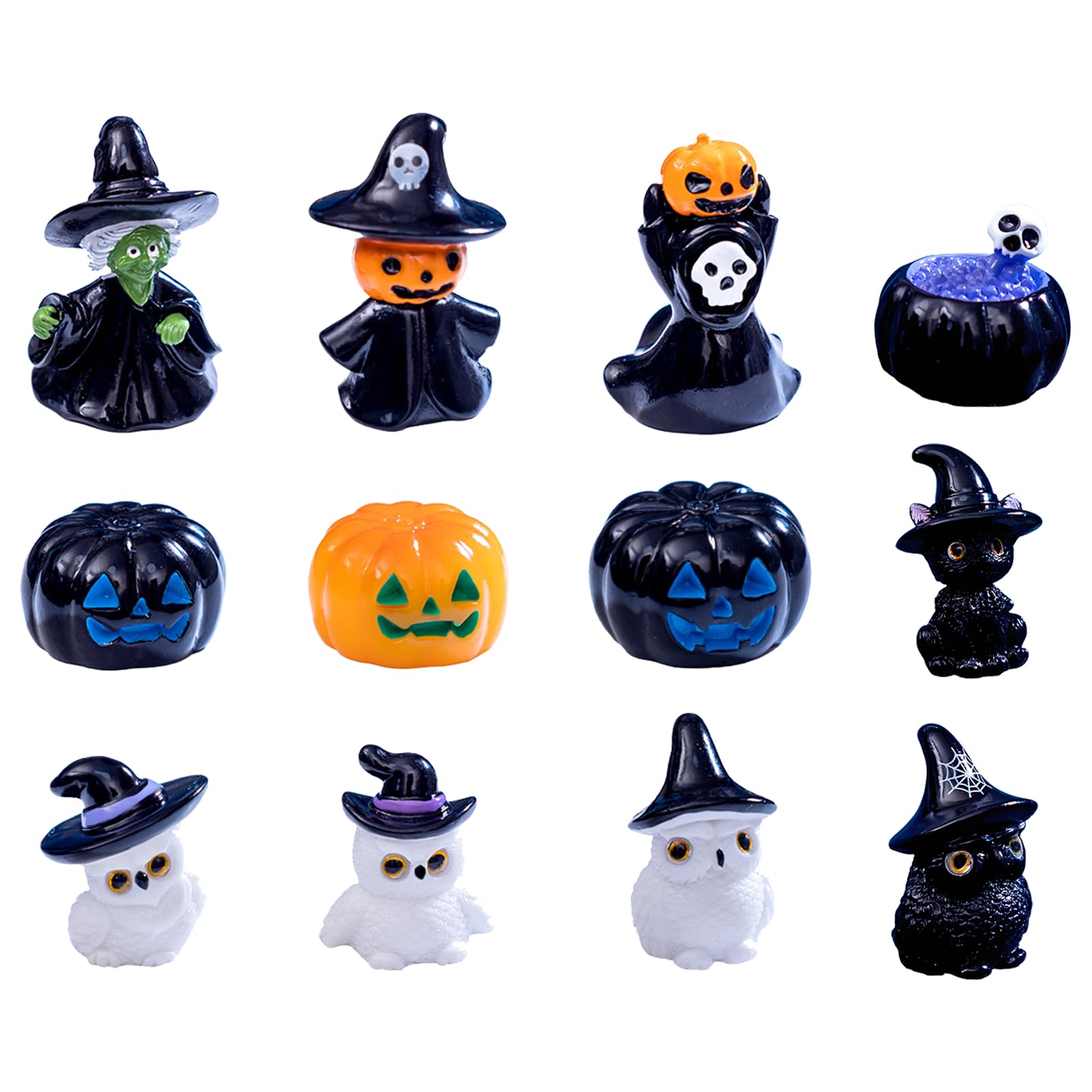 12 Pcs Cute Halloween Figure Ornaments,Witch Ghost Owl Set Mini Resin Pumpkin Cake Topper Decoration Lovely Owl Skull Pool Figurines for Cake,Desk,Micro Landscape Ornament,DIY Garden Home Decor