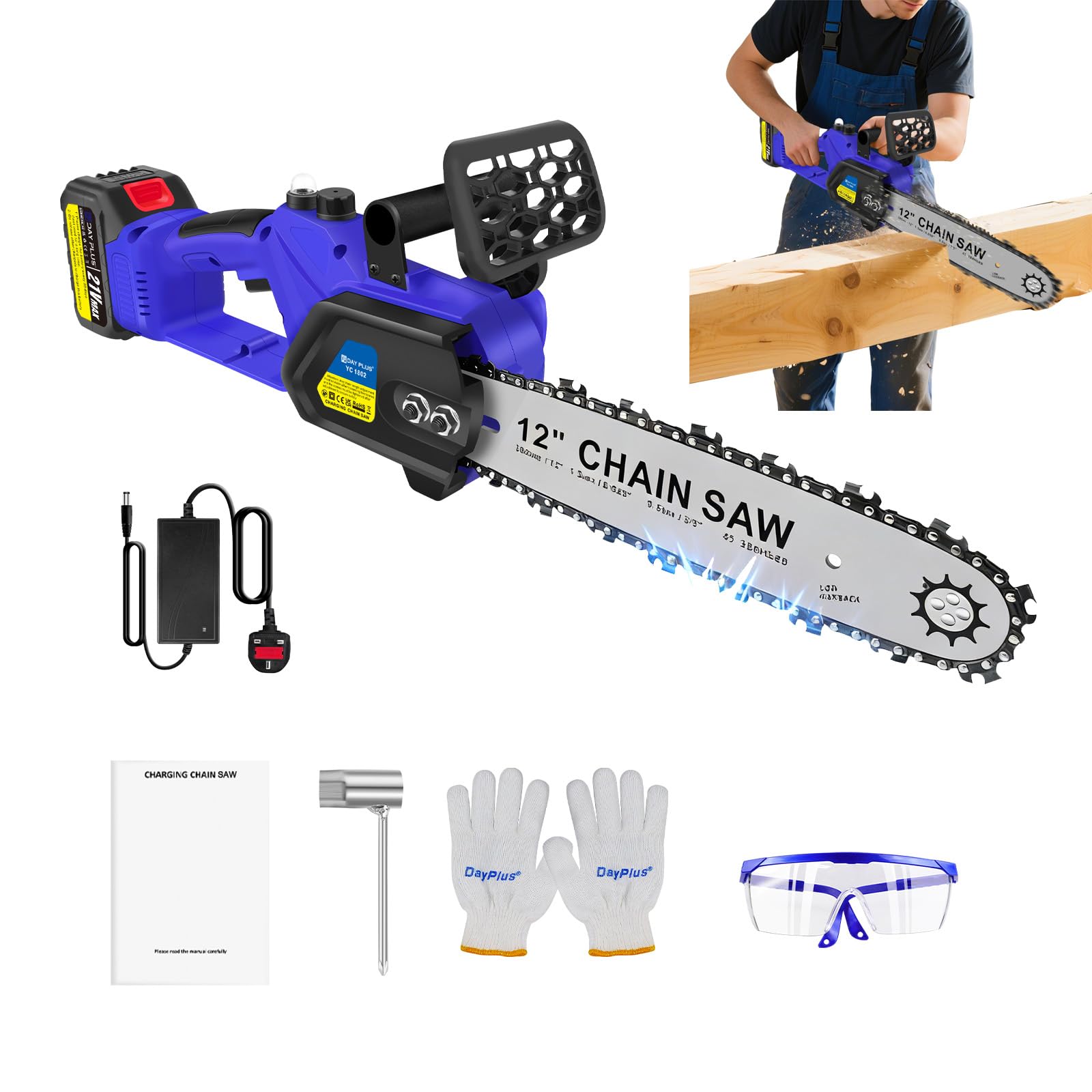 12 Inch Cordless Chainsaw with 1300mAh Battery & Charger, Brushless Motor for Powerful Cutting, 27cm Bar & Safety Lock Switch - Ideal for Garden Wood Cutting, Tree Pruning, Firewood & DIY Projects