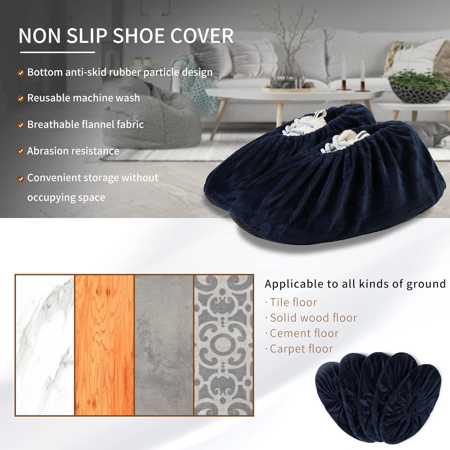5 Pairs Reusable Shoe Covers, Non Slip Shoe Protectors Covers, Universal Soft Washable Thickened Foot Boot Shoe Covers for Indoors Home Laboratory (Navy blue) - Image 2