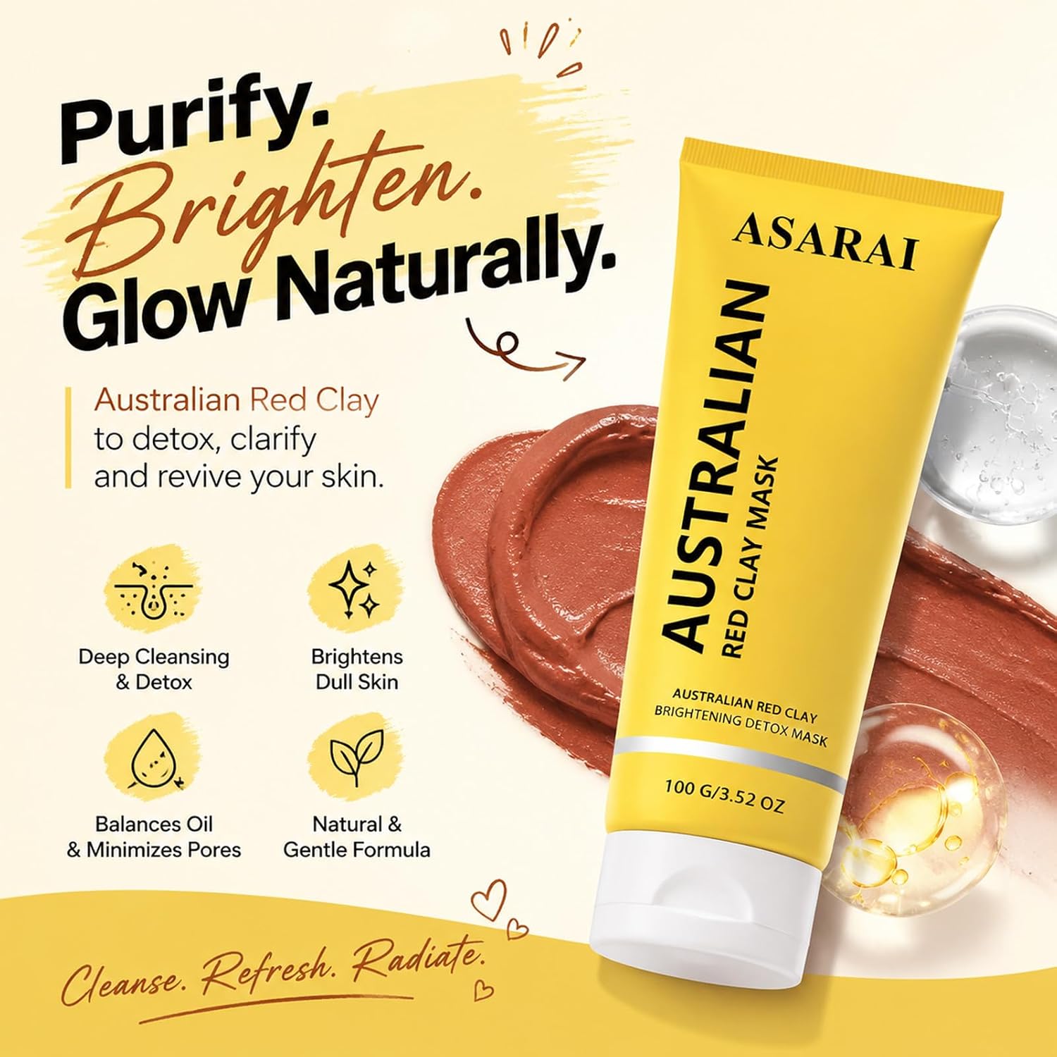 ASARAI Face Mask Red Clay, Asaria Red Clay Mask - Natural Clay Mud Mask with Kakadu Plum & Lime – Pore Minimizing, Smoother Skin, All Skin Types - 3.52 oz