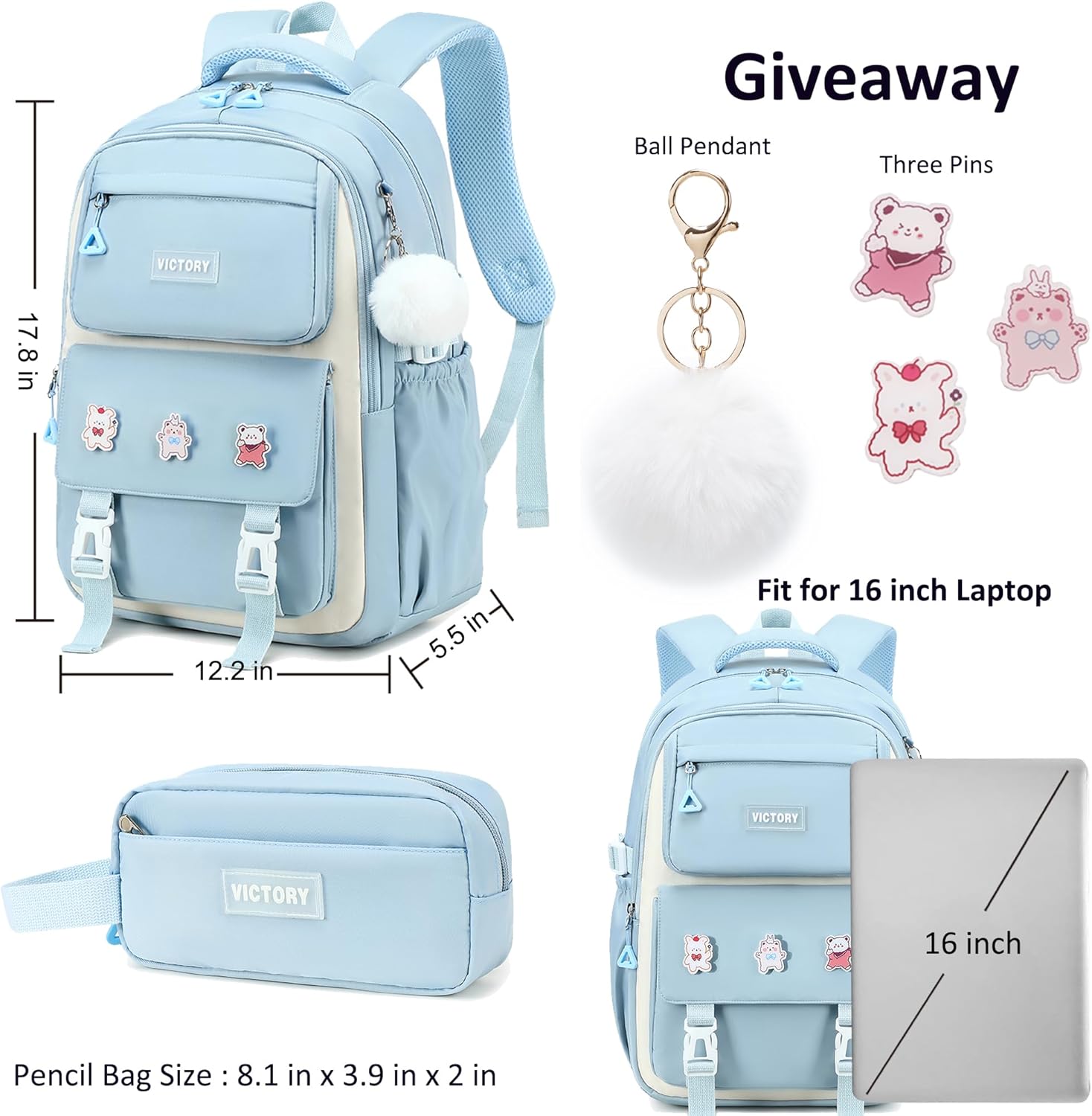 AO ALI VICTORY Backpack for Women Girls Set with Pencil Case 15.6 Inch Laptop School Bag Kids Elementary College Backpacks - Image 6