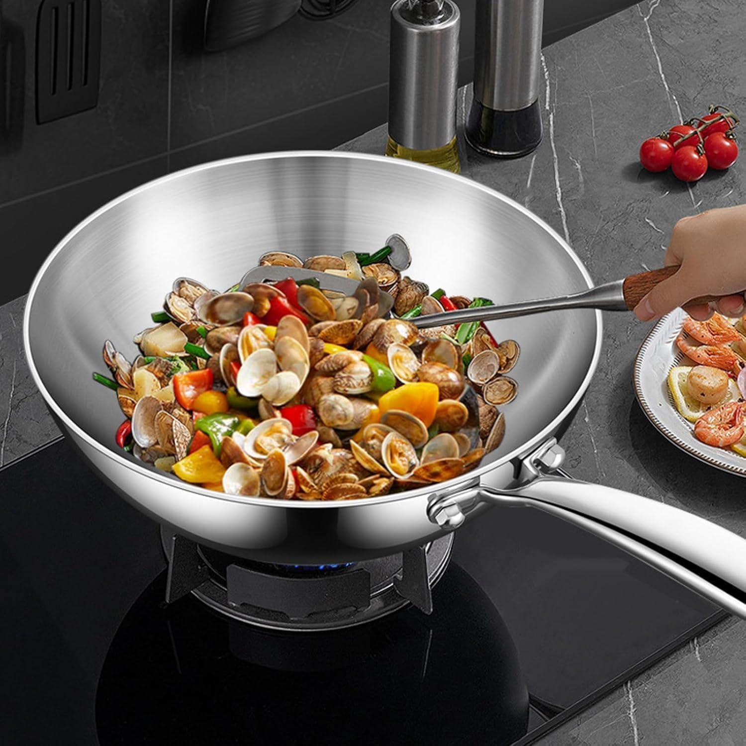 Amazon | ステンレス製、ノンスティック、深型、中華鍋、深型