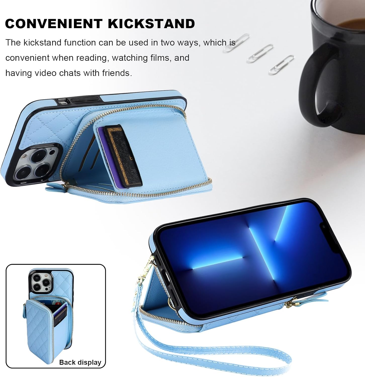 Bocasal Crossbody Wallet Case for iPhone 13 Pro Max, RFID Blocking PU Leather Zipper Handbag Purse Flip Cover, Kickstand Folio Case with Card Slots Holder Wrist Strap Lanyard 5G 6.7 Inch (Blue)