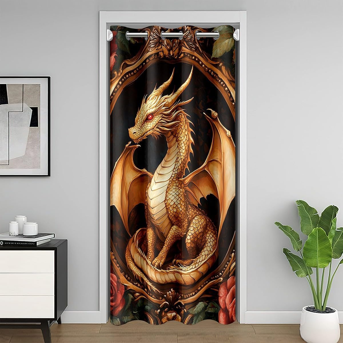 Golden Dragon Door Curtain Classical Romantic Rose Blackout Curtain for Kids Boys Girls Western Magical Animal All Season Blackout Curtain Mysterious 3D Dragon Door Drape 42" W X 80" L