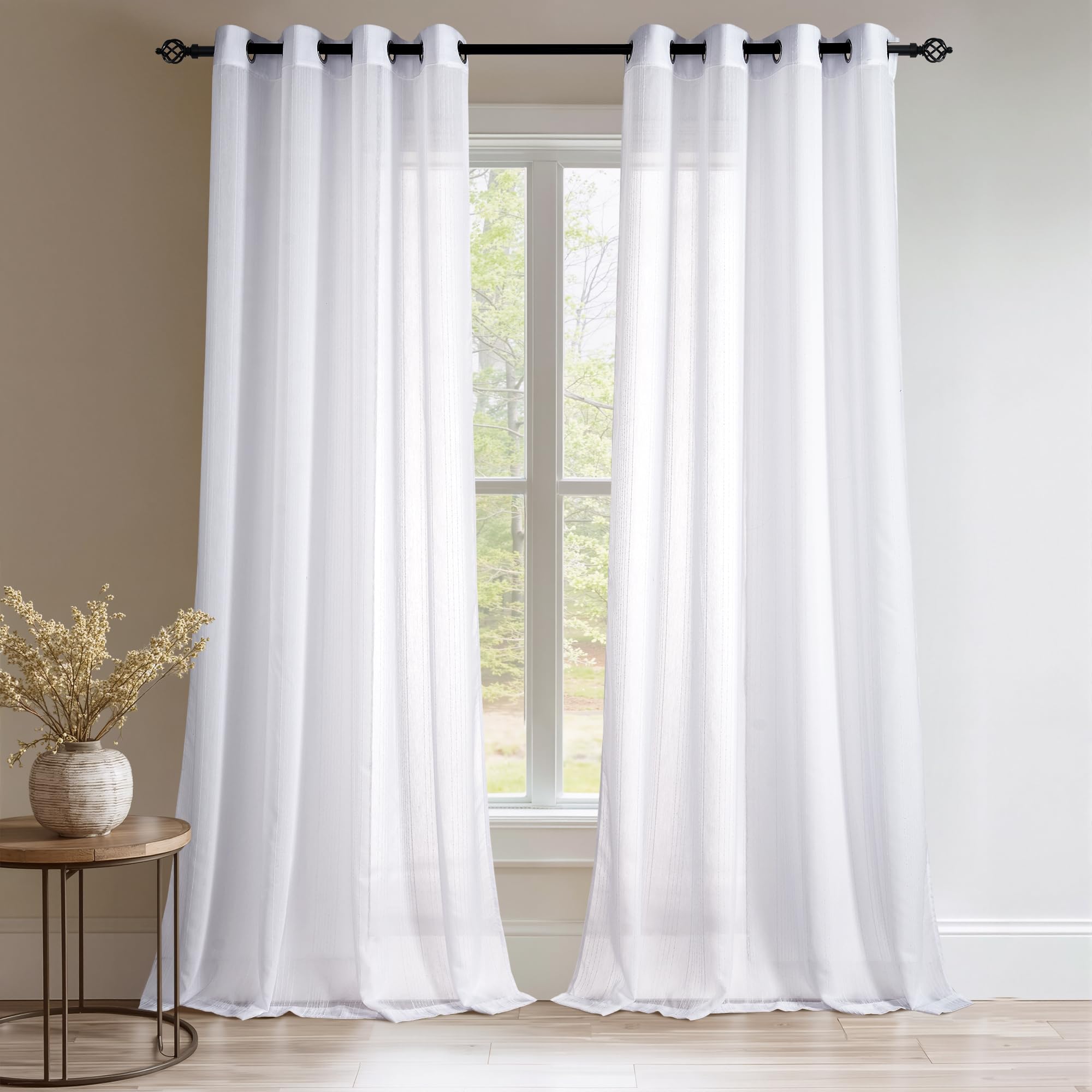 PONY DANCE Rideaux Voilage - Rideaux Semi-Transparent a Oeillets avec Motif Rayés pour Maison Salon Chambre Fenetre Intérieurs Moderne, 2 Panneaux, Blanc, L140xH220cm