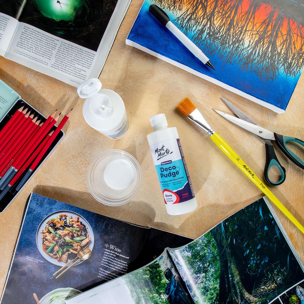 Mont Marte Deco Pudge Craft Varnish Signature 236ml (8 US fl.oz) – Gloss, Multi-Purpose Clear Craft Sealer, Varnish and Decoupage Glue, Ideal for Acrylic Paints, Paper, Wood, Ceramics, Fabrics, Clay