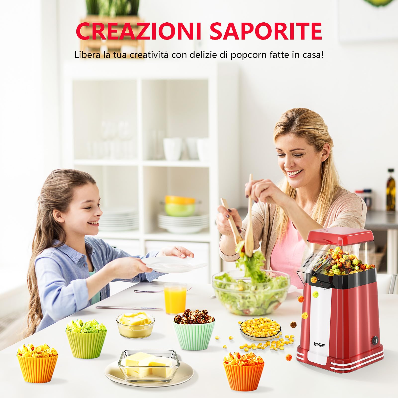 YASHE Popcorn Machine Retro, 1200W Hot Air Popcorn Maker con Misurino, One-Touch, Senza Olio, Perfetta per il Cinema Casa, le Serate Cinematografiche, le Feste