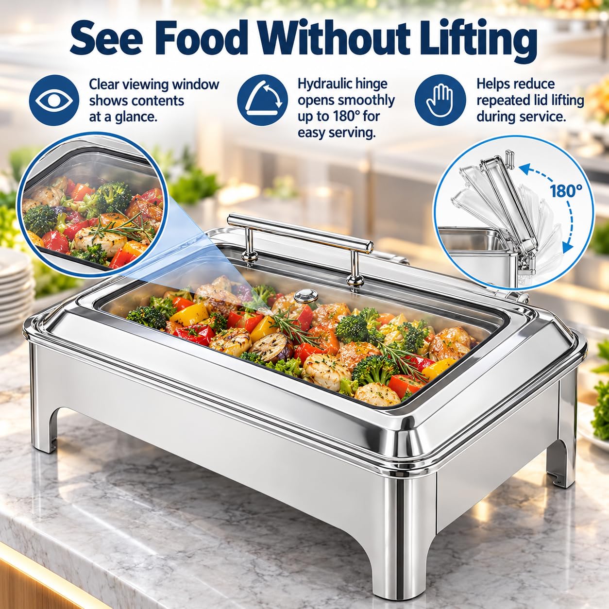 Edelstahl-Chafing-Dish, 9 L Fassungsvermögen, 180° Deckel