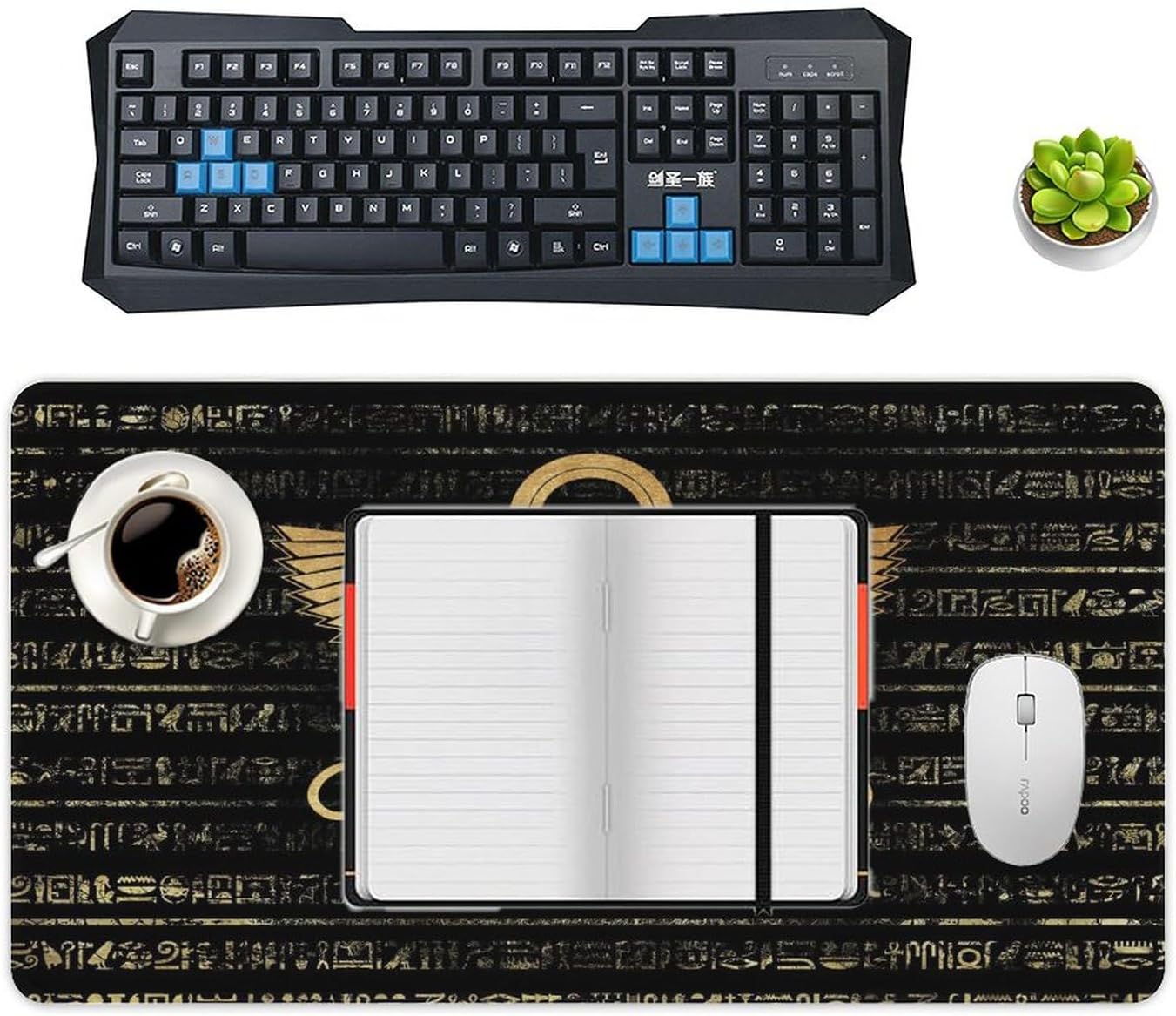 Abstract Egypt Waterproof Gaming Mouse Pad Retro Egyptian Ancient Culture Black Gold Hieroglyph Symbol for Wireless Mouse, Computers, Laptop, Office 30L x 16W Inch