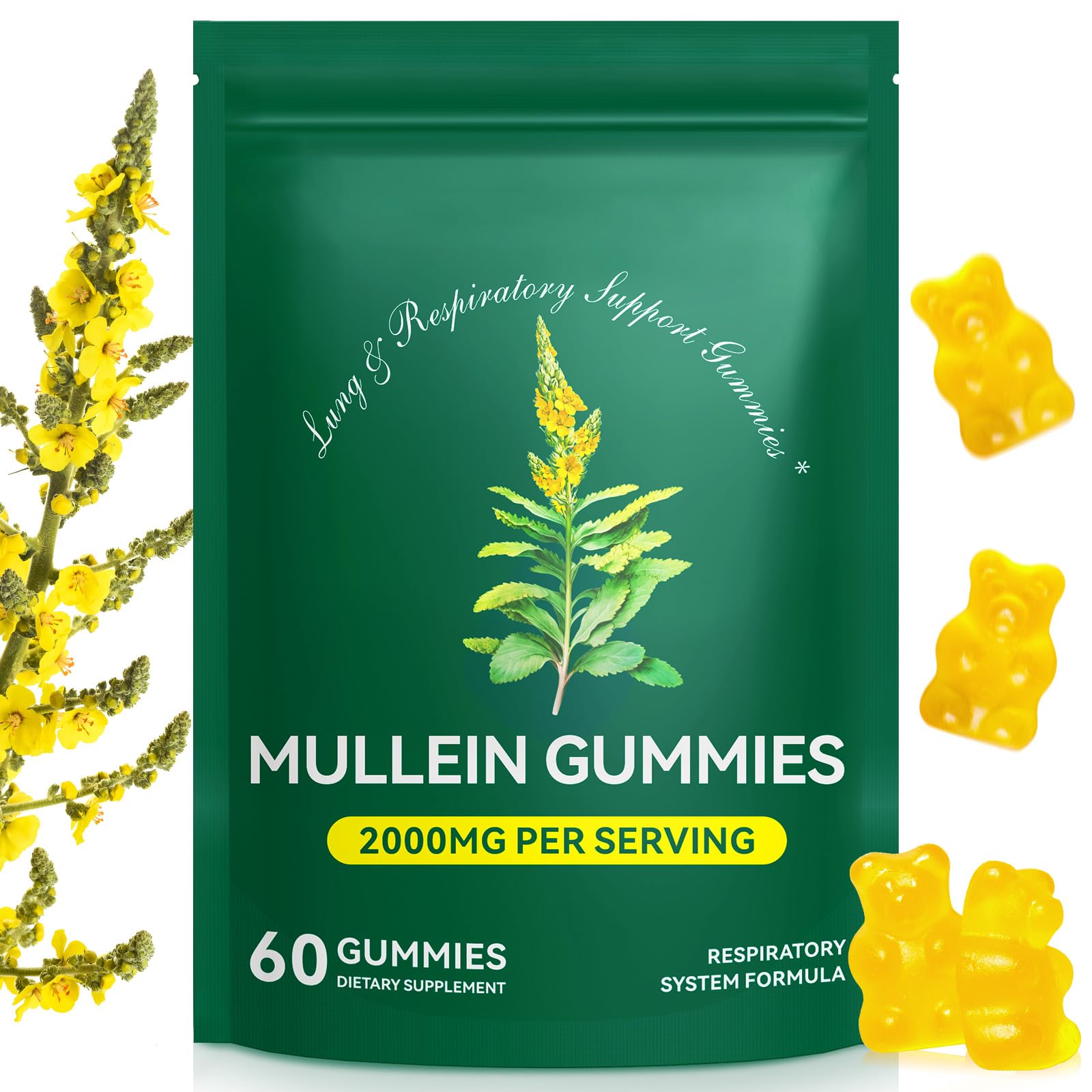 Mullein Gummies - Mullein Leaf Extract for Lungs, 2000mg Mullein Gummies for Lungs Detox, Respiratory Digestive Immune Support, 60 Count