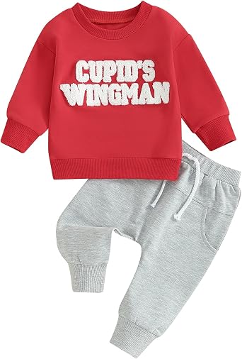 VISGOGO Valentine Baby Girl Boy Outfit Baby 2 Piece Love Letter Infant Clothes Long Sleeve Sweatshirt Pants Set