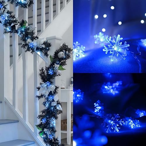 Miniatura 3 de Luces azules de Navidad con diseño de copo de nieve, 20 pies, 40 luces LED a pilas, con control remoto, 8 modos, impermeables, luces colgantes para