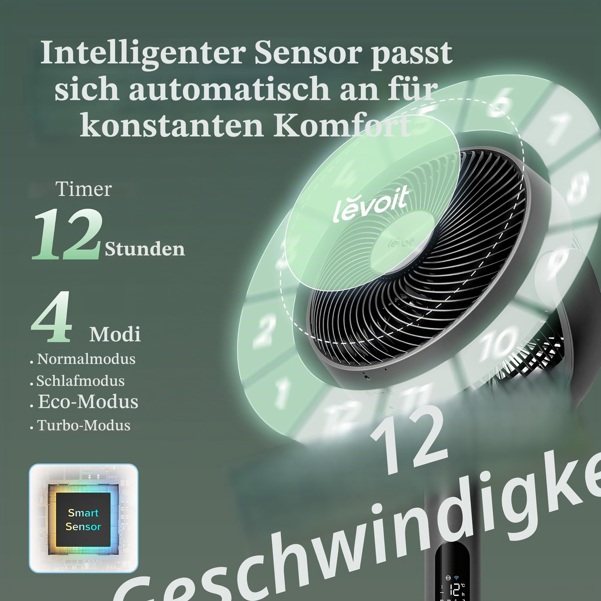 LEVOIT 20 dB, intelligenter Standventilator, DC-Motor, niedriger Stromverbrauch, mit WLAN, 4 Modi und 12 Windgeschwindigkeiten, 30 m Wind, 12 Stunden Timer, 90 ° + 120 ° Oszillation