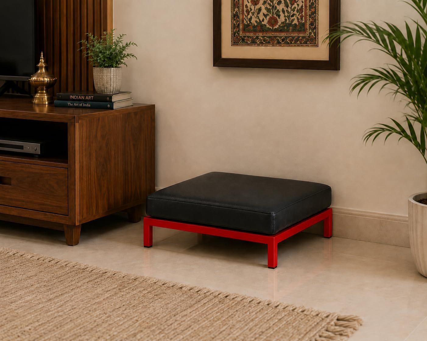 84102 Prayer/Pooja Stool, Low seat Living Room, Indian Seating, Meditation Chair - Outdoor Seating for Home, Balcony or Library DEV GHAR/Home Temple/MANDIR - Red Frame with Black Cushion-image-0