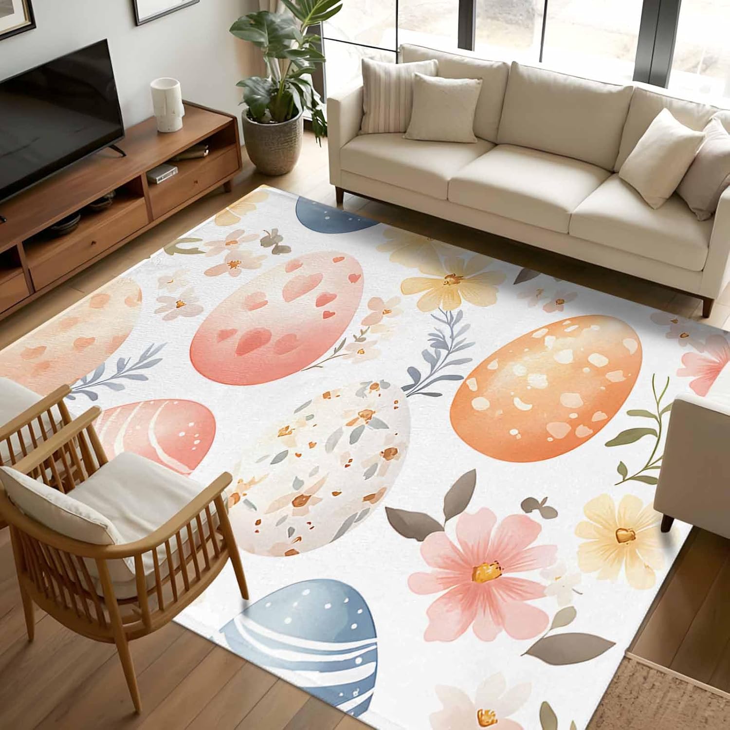 5×8 Area Rugs for Living Room, Easter Eggs Washable Rug Rectangular Indoor Carpet Non-Slip, Pastel Watercolor Spring Flowers Leaves Low Pile Bathroom Rug Kitchen Runner Rugs for Bedroom