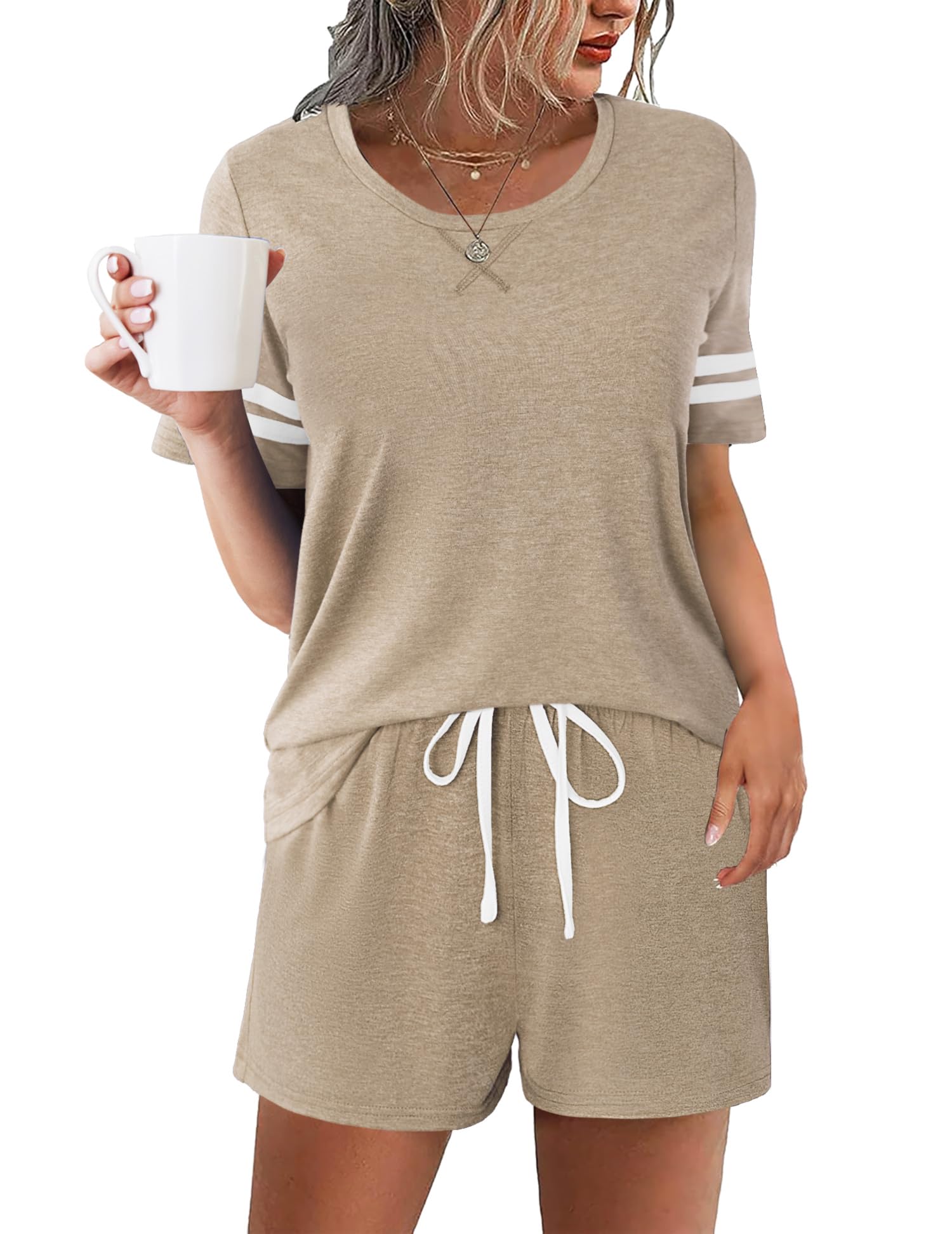 Ekouaer Womens Pajama Sets Short Sleeve Short Sets 2 Piece Sleepwear Soft Lounge Sets with Pocket S-XXL