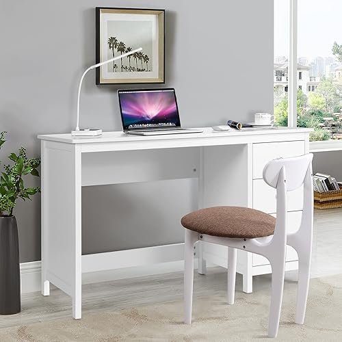 Miniatura 8 de Escritorio blanco para computadora con cajones, estación de trabajo de computadora de oficina en casa, escritorio ejecutivo moderno, mesa de estudio