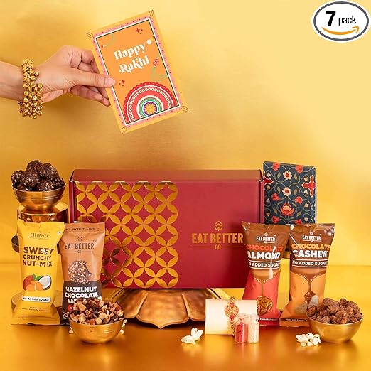 EAT BETTER CO Anmol Rakhi Gift Hamper - 7 Items Combo Pack - Chocolate Coated Almonds & Cashews - Four Packets Of Dry Fruits With Roli, Chawal & Rakhi | Raksha Bandhan Box For Brother