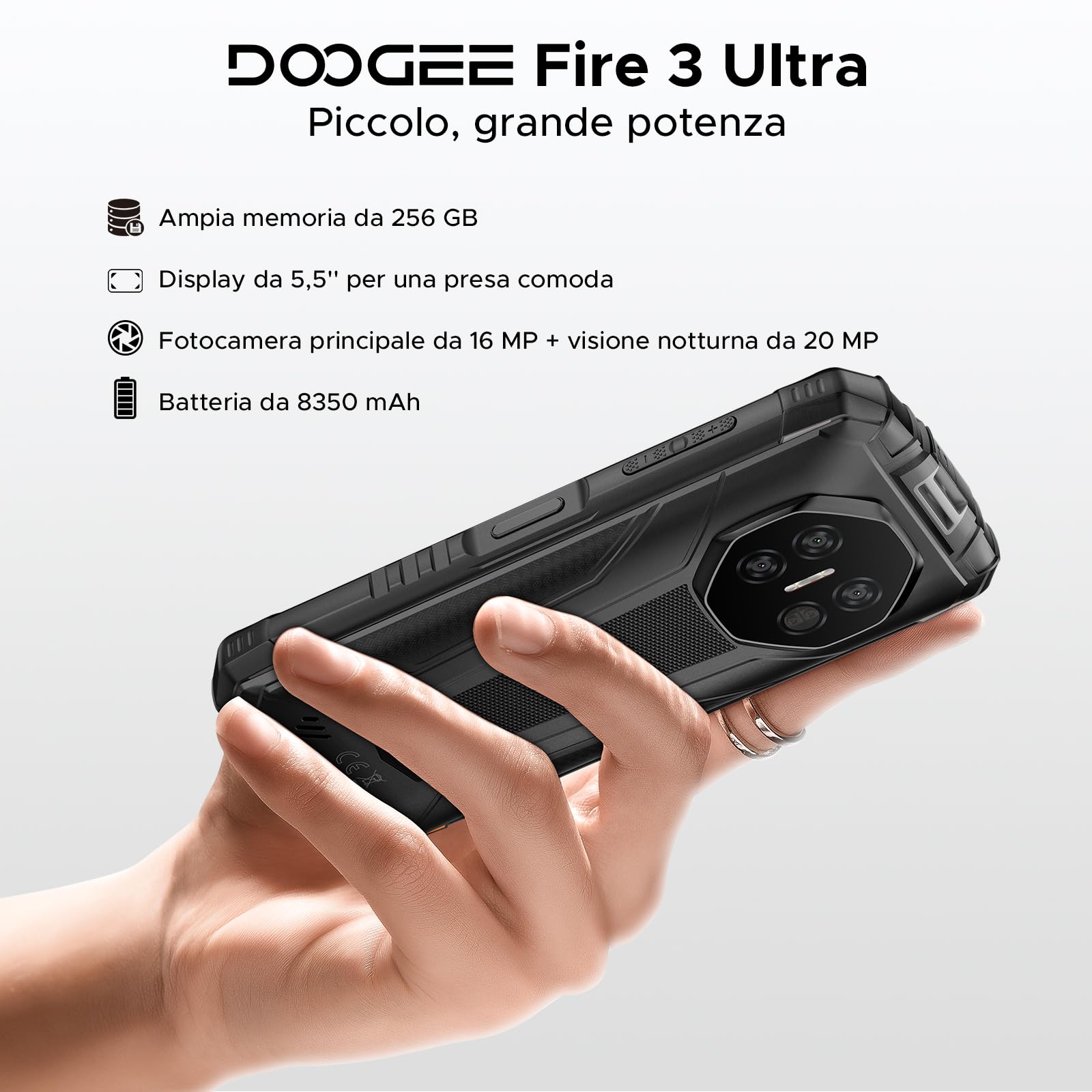 DOOGEE Fire 3 Ultra Rugged Smartphone, 8350mAh Android 15, Unisoc T7200 Octa Core, 5.5" IPS HD+ Display, 24GB+256GB, 16MP+20MP, Octa Core, Widevine L1/Fingerprint ID/Face Unlock/NFC- Grigio