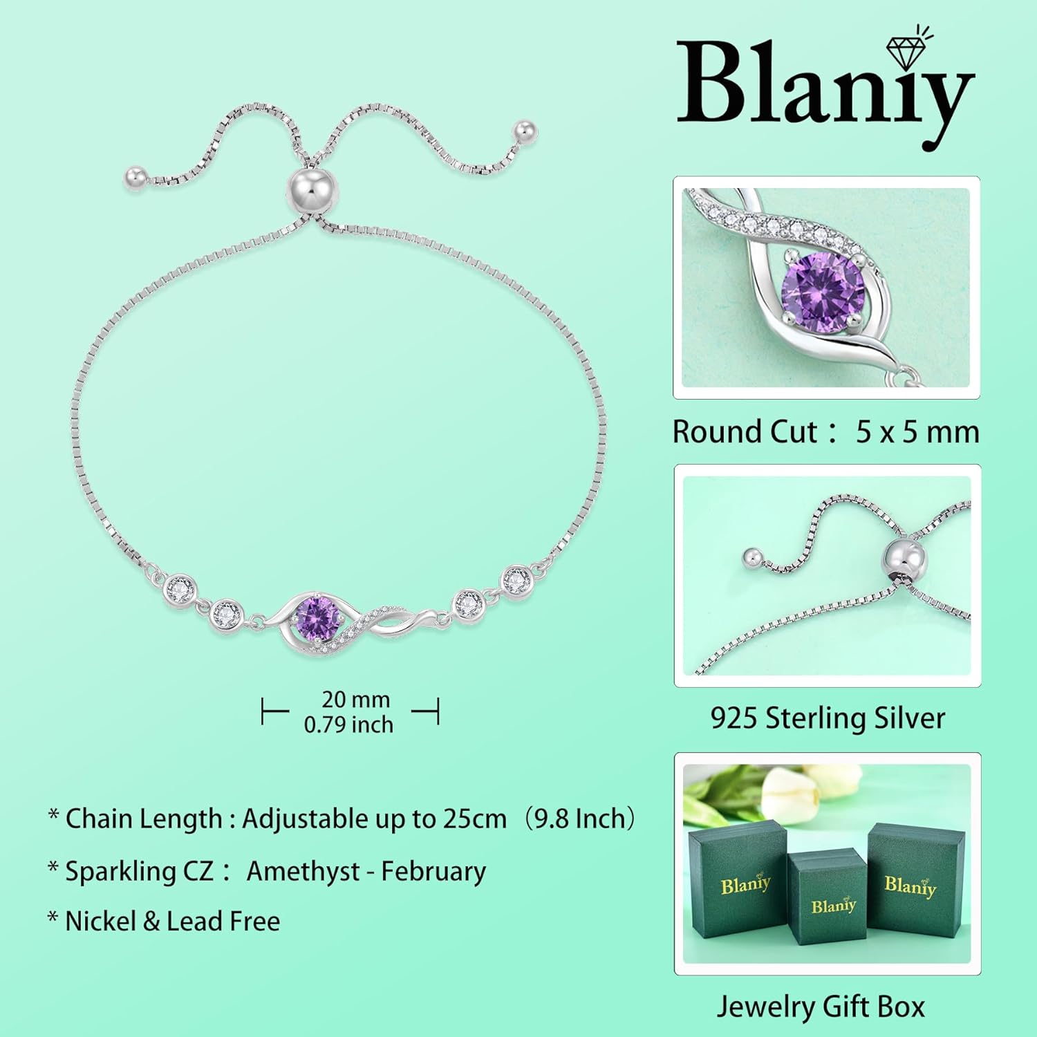Infinity Bracelets for Women 925 Sterling Silver Adjustable Link Bracelet Birthstone Jewelry Gifts for Her - Image 6