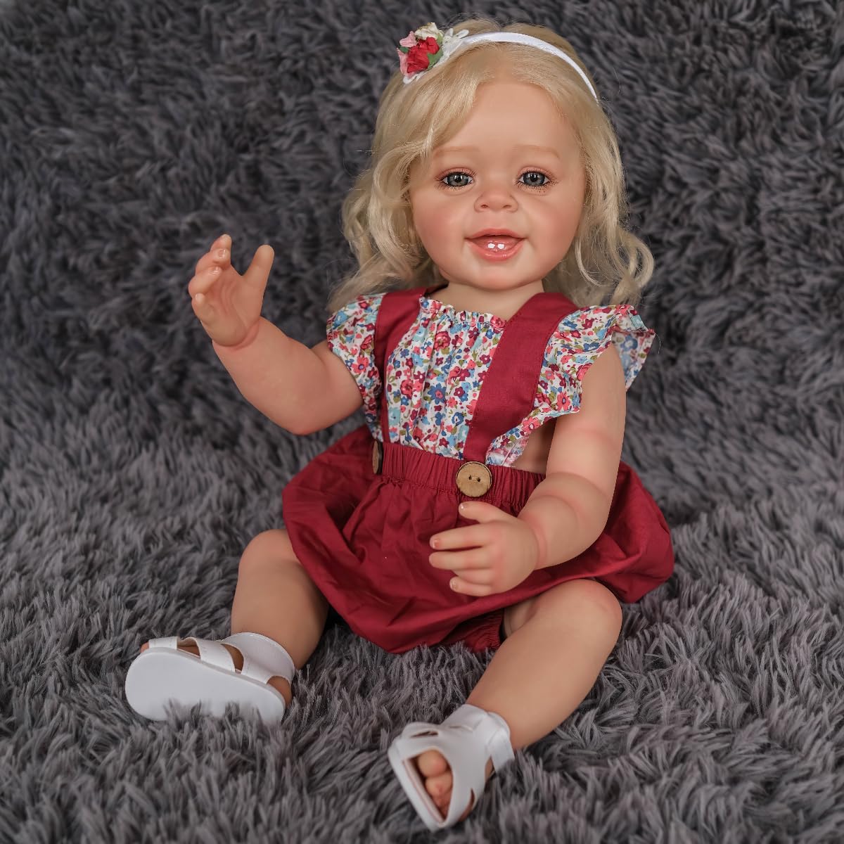 MineeQu 22 cale 55 cm Jak realistyczny Słodkie Uśmiechnięte ukorzenione blond włosy Silikonowy winyl Całe ciało Lalki Reborn, które wyglądają jak prawdziwy realistyczny Noworodek Lalki z zębami Zabawki Zestaw podarunkowy dla dziewczynek w wieku 3+