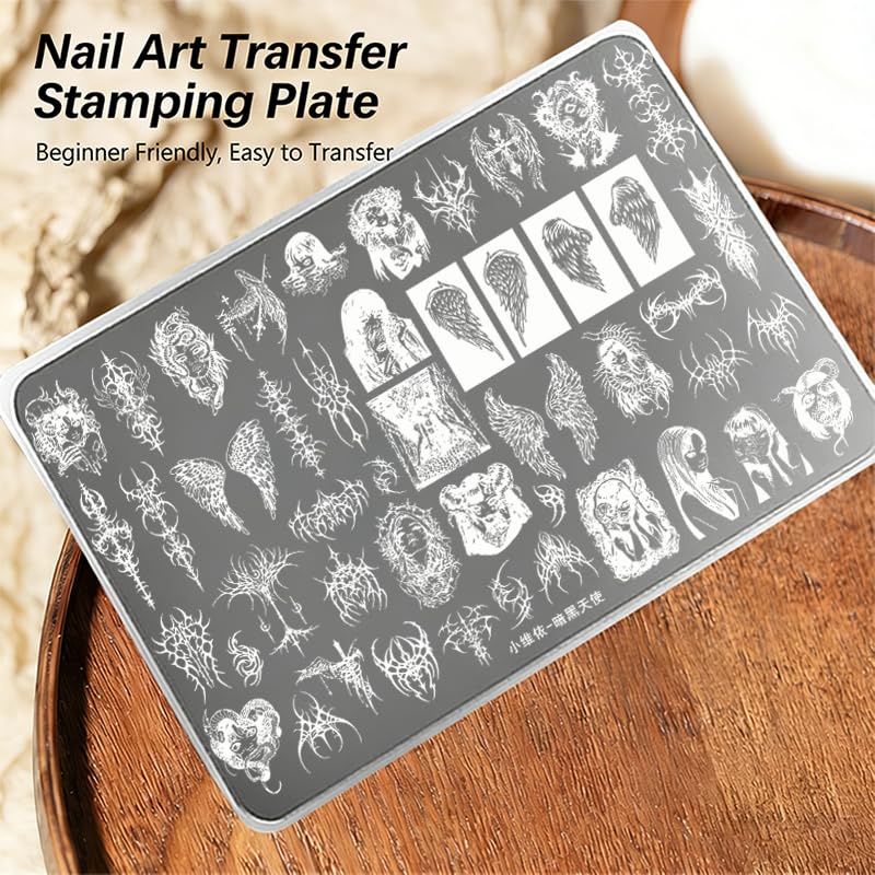 Gothic Dark Angel Nail Art Stamping Plate, Wings and Demon Designs, Transfer Template, 15cm x 10cm