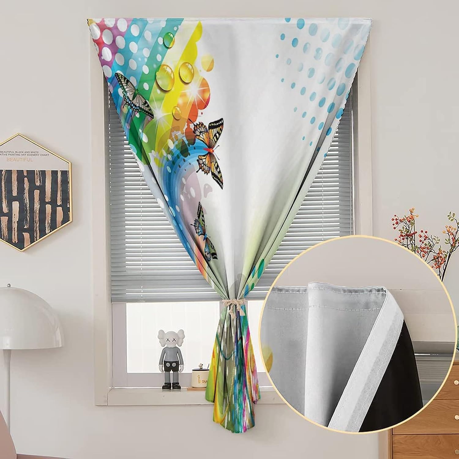 XISUNYA Self Adhesive Portable Blackout Curtains, Colorful Room Darkening Curtains, Trippy Flying Butterflies with Colored Comet Bubbles Print Temporary Blackout Blinds,59W x72L Inch