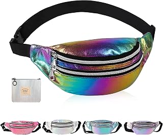 Holographic Bumbag Set, Vintage Fanny Pack with Coin Purse Neon Hiking Waist Bag for Ladies 80s Waterproof Belt Bags Women Hiking Wasit Packs for Outdoor Travel, Jogging, Dog Walking(Neon Colorful)
