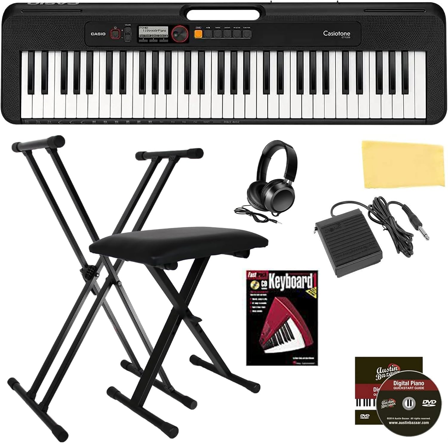 CT-S200 Casiotone 61-Key Portable Keyboard - Black Bundle with Adjustable Stand, Bench, Headphones, Sustain Pedal, Instructional Book, Instructional DVD, and Austin Bazaar Polishing Cloth