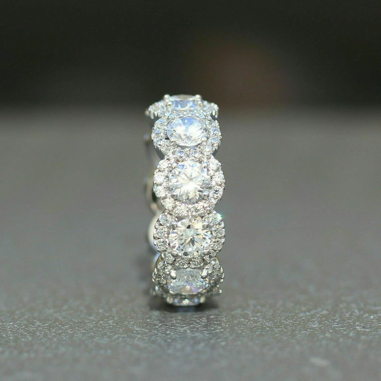 SilverDia 4 Ct Round Cut Simulated Diamond Halo Full Eternity Band Ring 14K White Gold Finish 925 Sterling Silver Handmade Anniversary Gorgeous Ring Gift For Her