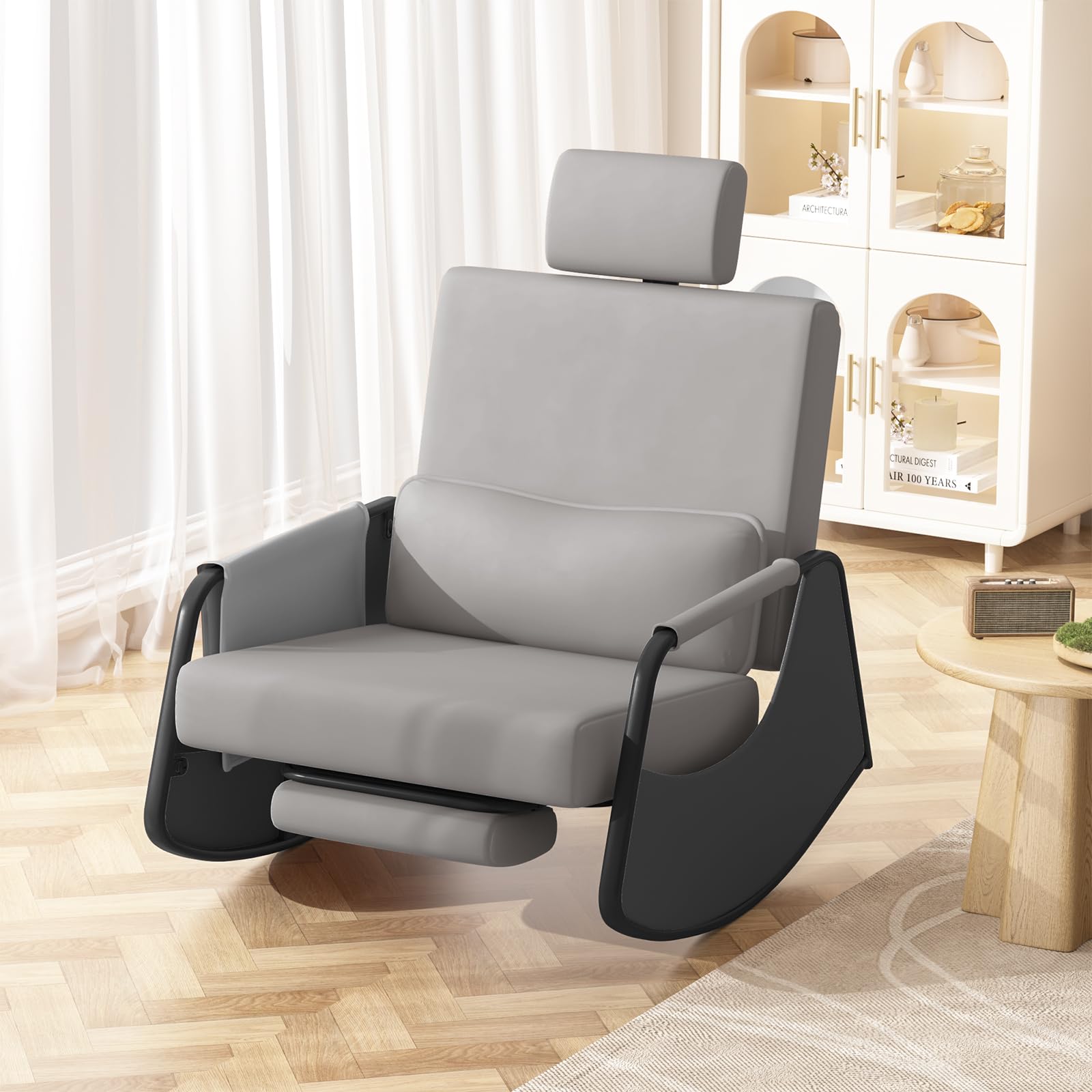 YODOLLA Fauteuil à Bascule, Rocking Chair avec Repose-Pieds Extensible, Dossier & Appui-Tête Réglables, Poche Latérale(Cuir, Gris)