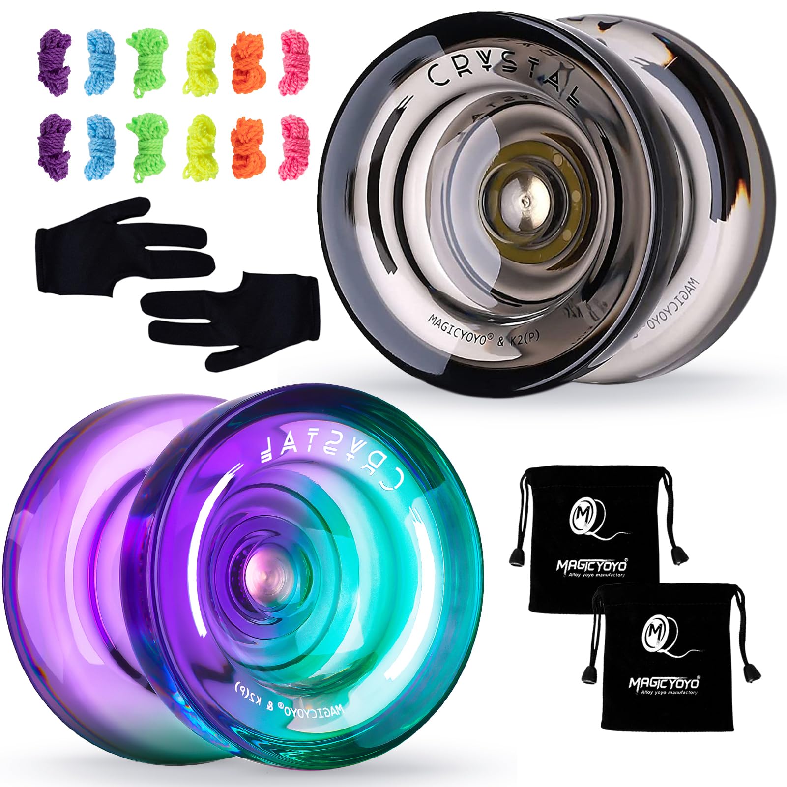 MAGICYOYO K2 Responsive Yoyo for Kids Beginners Yo-Yo with 2 Yo yo Gloves, 2 Yo Yo Bags, 12 Yo yo Strings (Crystal Black +Green Purple)