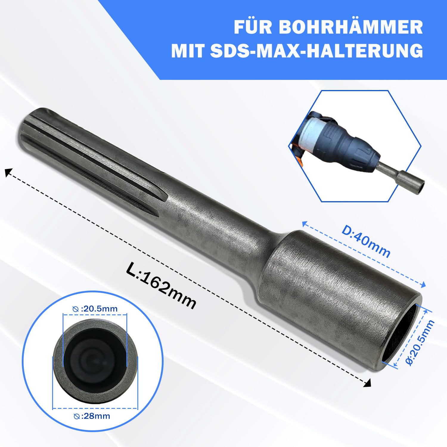 SDS-MAX Professional - Empujador de clavos para tierra profunda (SDS Plus, juego de brocas SDS Plus, 162 x 28 mm, diámetro interior de 20,5 mm (SDS MAX Ø 20,5 mm)