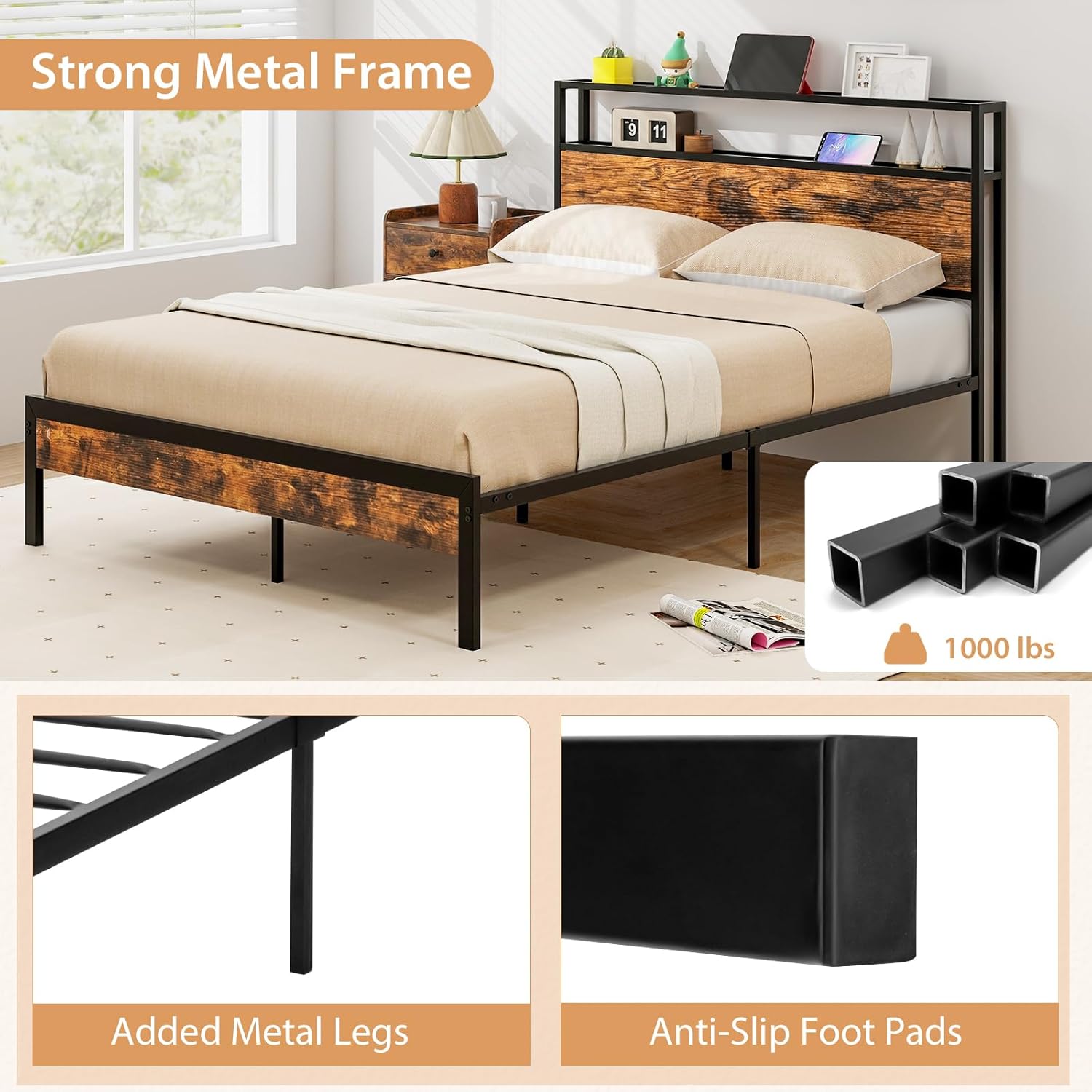 Giantex Full Size Bed Frame with 2-Tier Storage Headboard, Industrial Metal Platform Bed with Charging Station, Heavy Duty Metal Support Mattress Foundation, No Box Spring Needed, Noise-Free