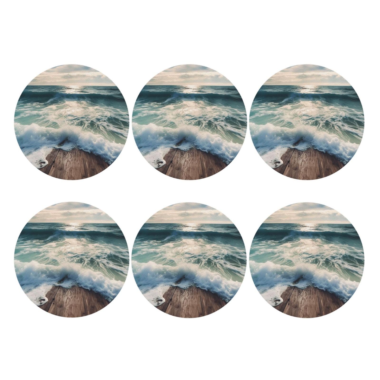 6pcs Leather Coasters for Drinks, Sea On The Boards Drink Coasters for Tabletop Protection, 4" Cup Coasters for Coffee Table Decor, Non-Slip Drinking Cup Mat for Hot Or Cold Drink