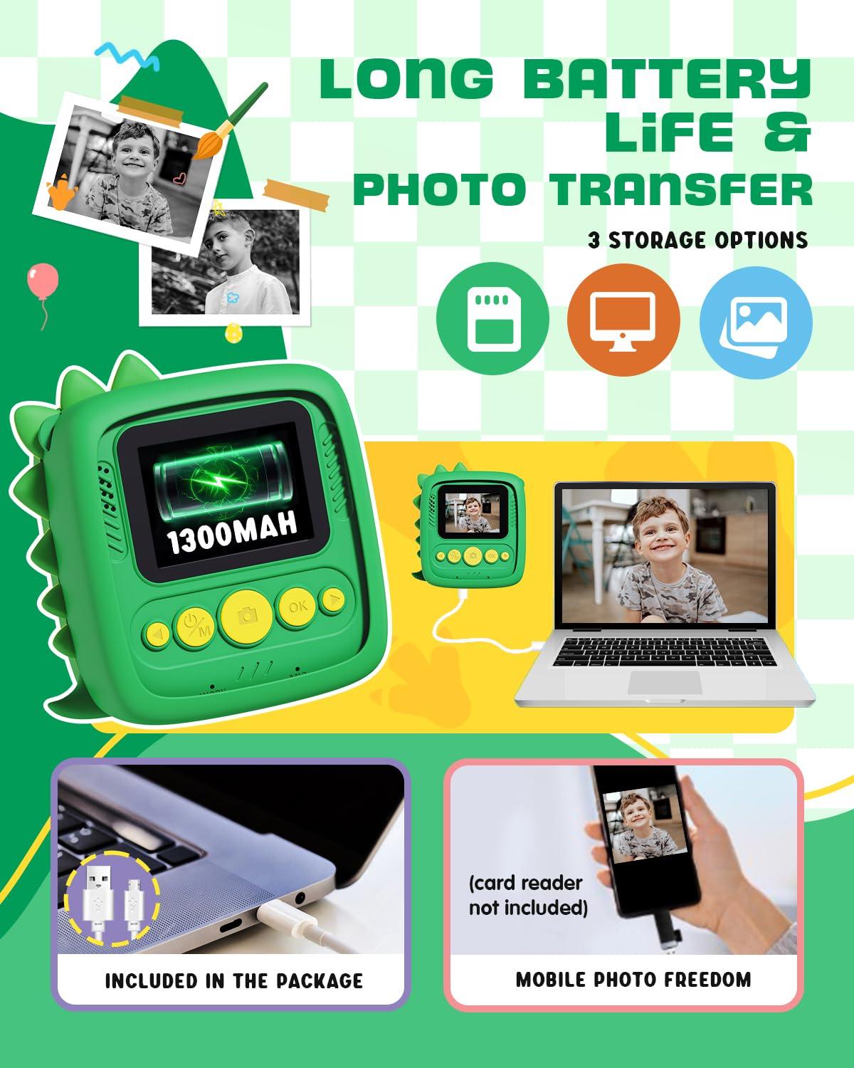 Cámara de impresión instantánea para niños y niñas, color verde